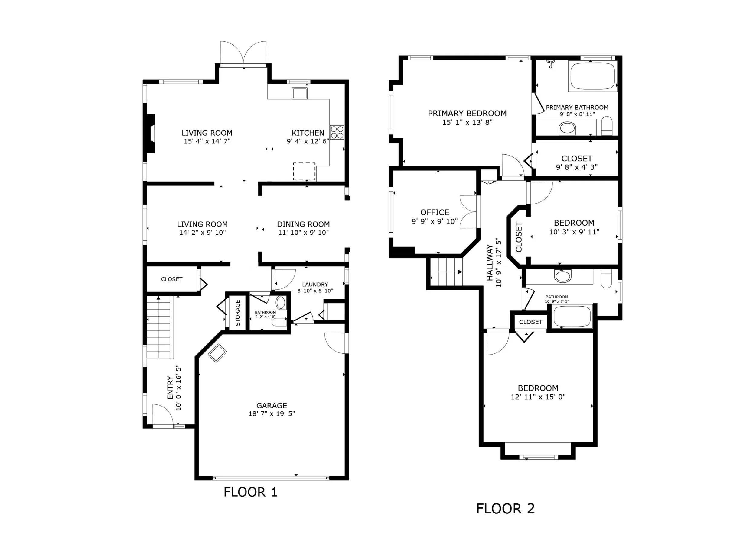 Floor plan of a two-story house, showing various rooms and their dimensions, including living rooms, kitchens, bedrooms, bathrooms, closets, laundry room, garage, hallways, office, and storage areas.