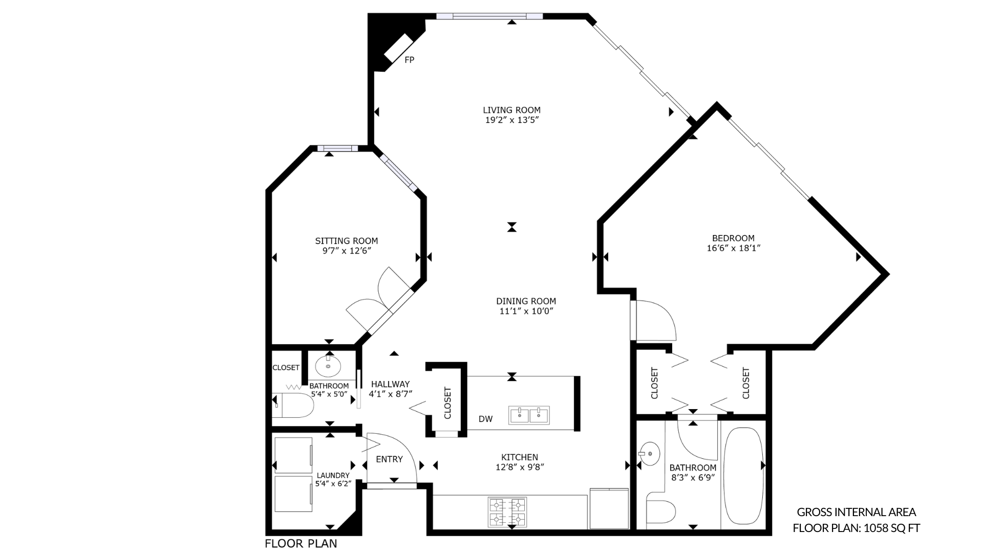 Floor plan of a house showing various rooms including a living room, sitting room, dining room, kitchen, bedroom, bathrooms, and closets. Total area is 1,058 square feet.