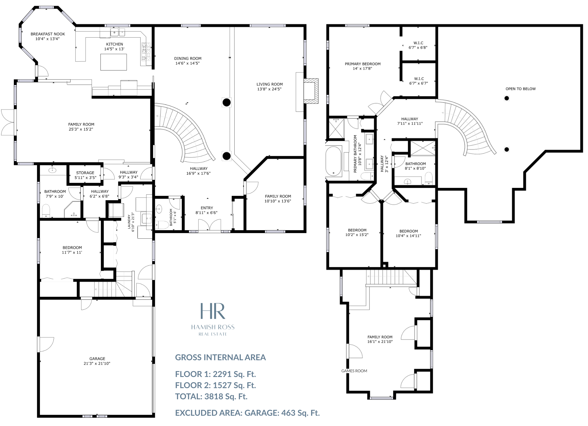 Floor plan of a large house with multiple rooms labeled, including bedrooms, bathrooms, family rooms, kitchens, dining room, living room, closets, storage, laundry, garage, hallways, and game room.