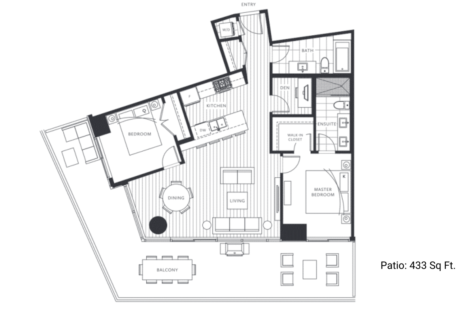 Floor plan of an apartment with two bedrooms, two bathrooms, a living room, kitchen, dining area, den, walk-in closet, washer/dryer, and a large outdoor patio