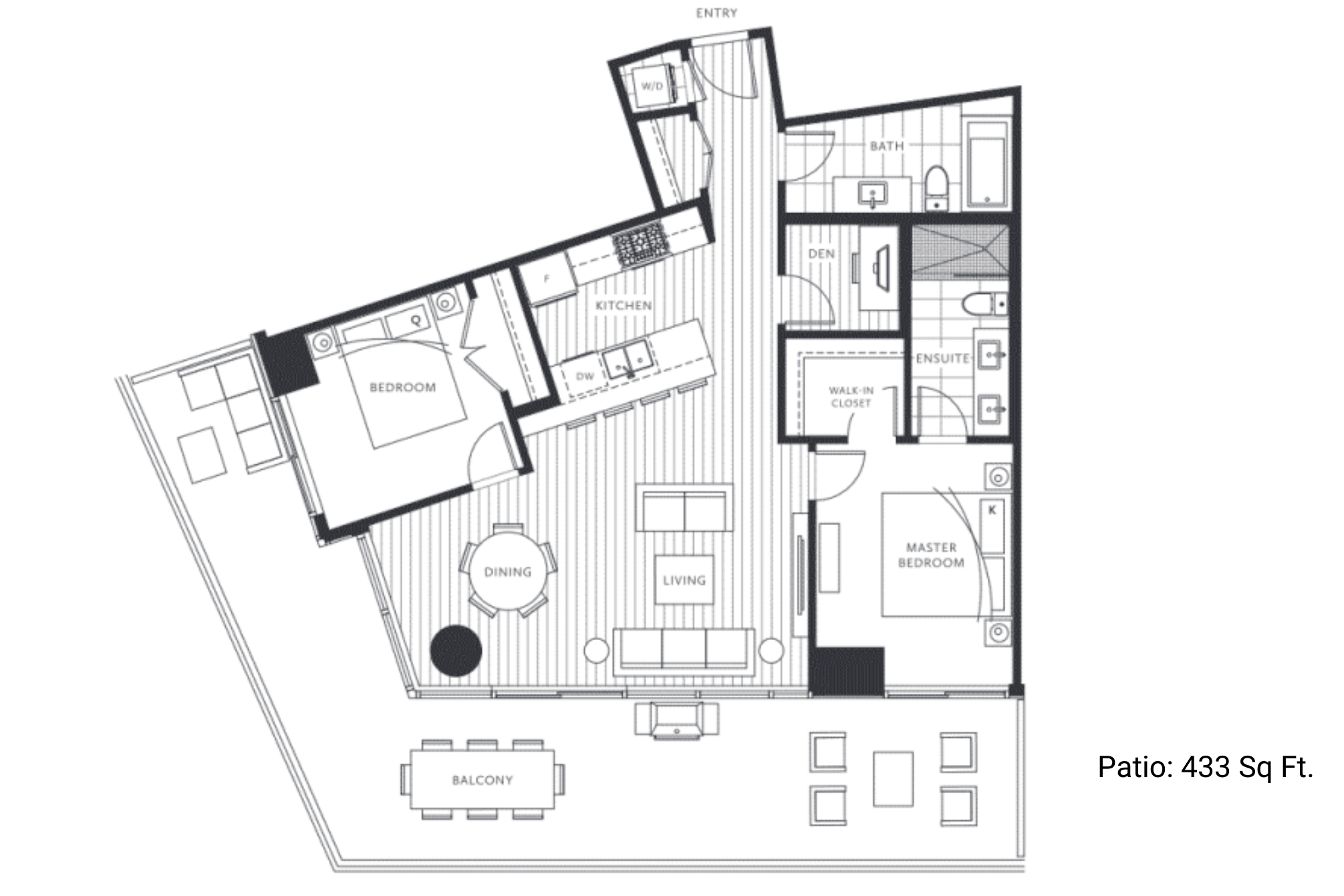 Floor plan of an apartment with two bedrooms, two bathrooms, a living room, kitchen, dining area, den, walk-in closet, washer/dryer, and a large outdoor patio