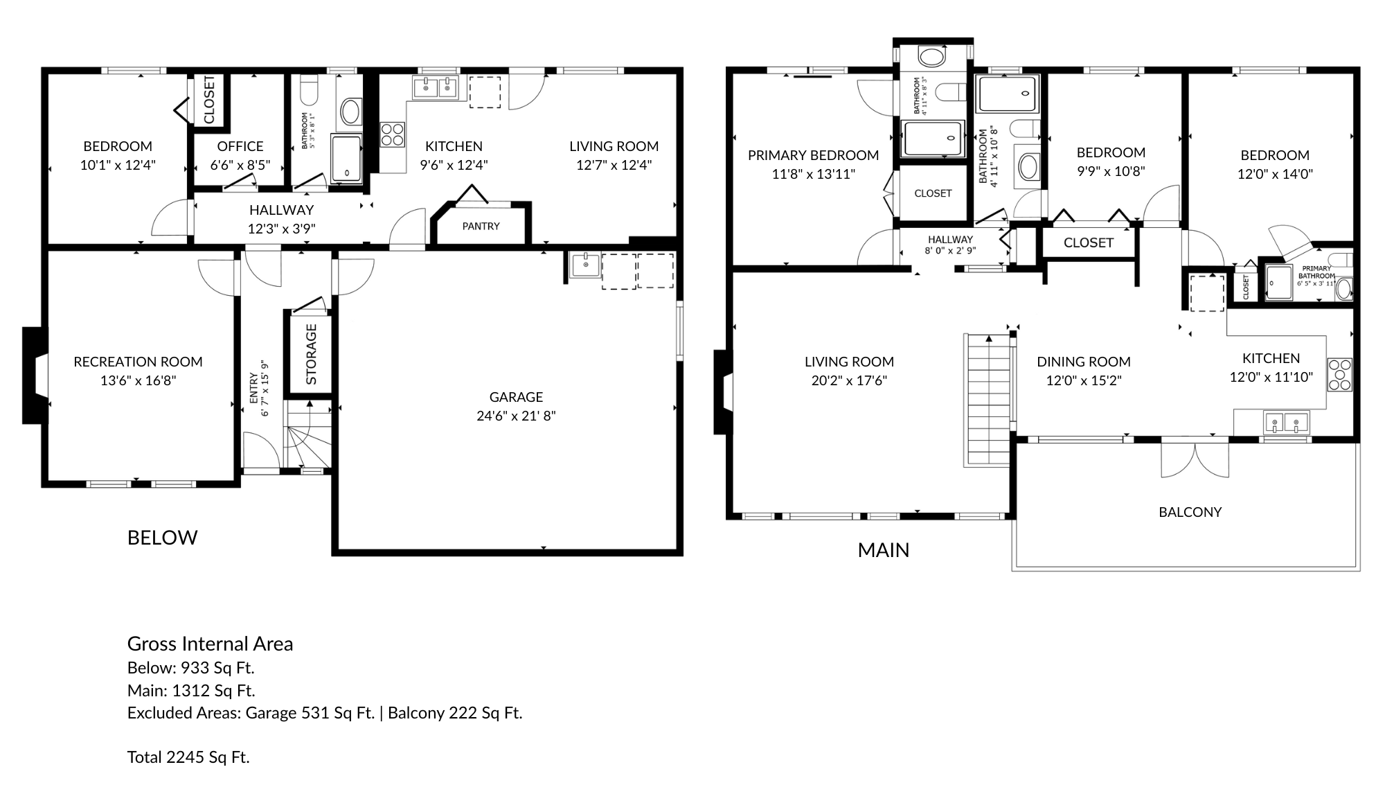 Floor plan of a two-story house showing the main and below levels with rooms labeled, including bedrooms, bathrooms, kitchen, living rooms, office, recreation room, garage, balcony, staircases, closet spaces, pantry, and storage area.