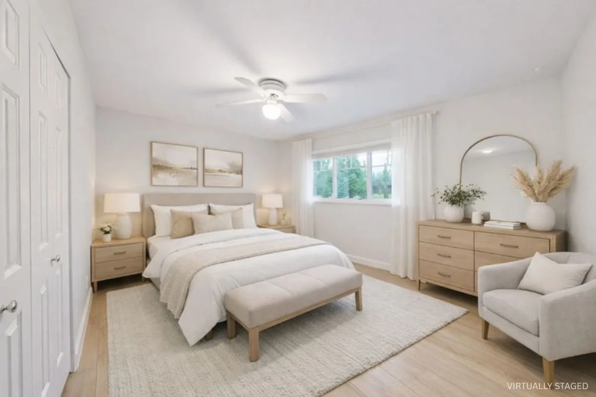 Bright and minimalist bedroom with a large bed, nightstands with lamps, a window with white curtains, a dresser with decor, a vanity mirror, a chair, and a beige rug.