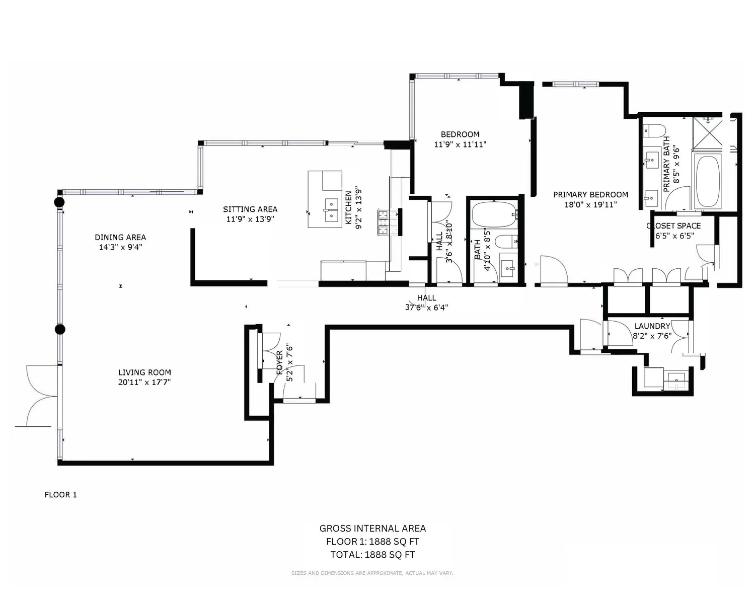 Floor plan of a house showing labeled rooms including living room, dining area, sitting area, kitchen, foyer, hall, bedrooms, bathrooms, closet, and laundry room.