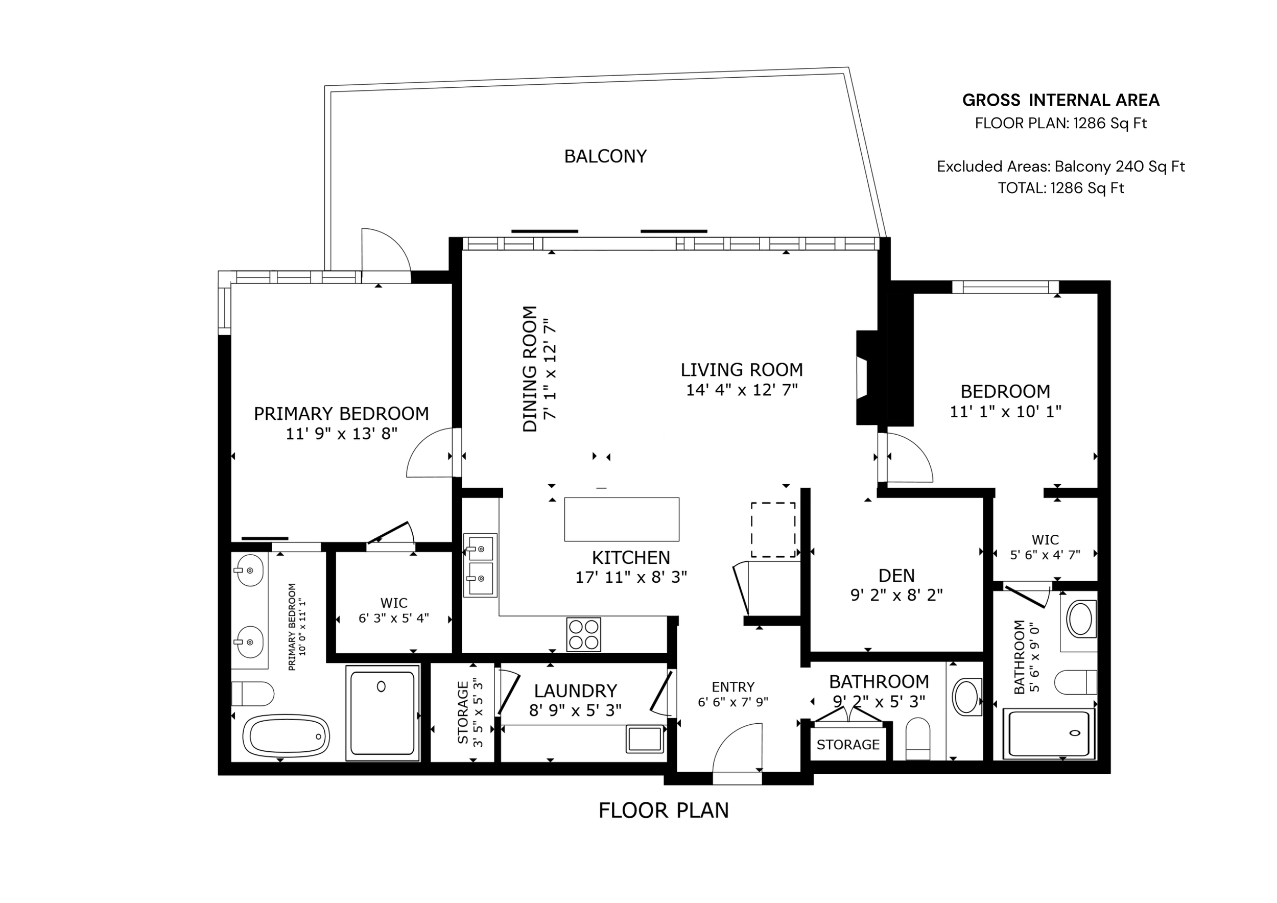 Floor plan of a house showing rooms including primary bedroom, bathroom, walk-in closet, laundry, storage, kitchen, dining room, living room, den, bedroom, and balcony, with room dimensions.