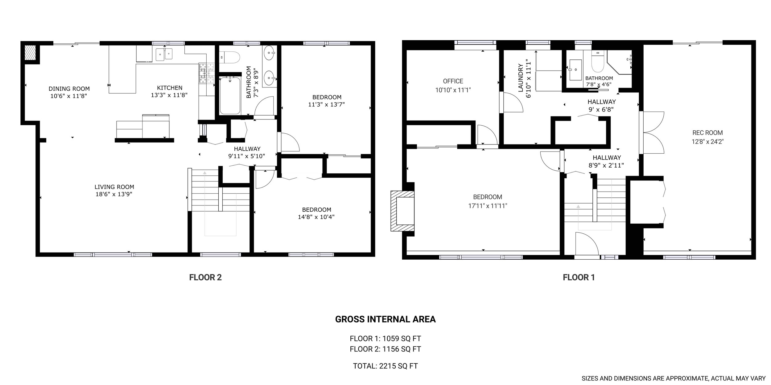 Floor plan of a two-story house with labeled rooms including living room, dining room, kitchen, bedrooms, bathrooms, office, laundry, hallways, and recreation room. Total size is 2215 square feet.