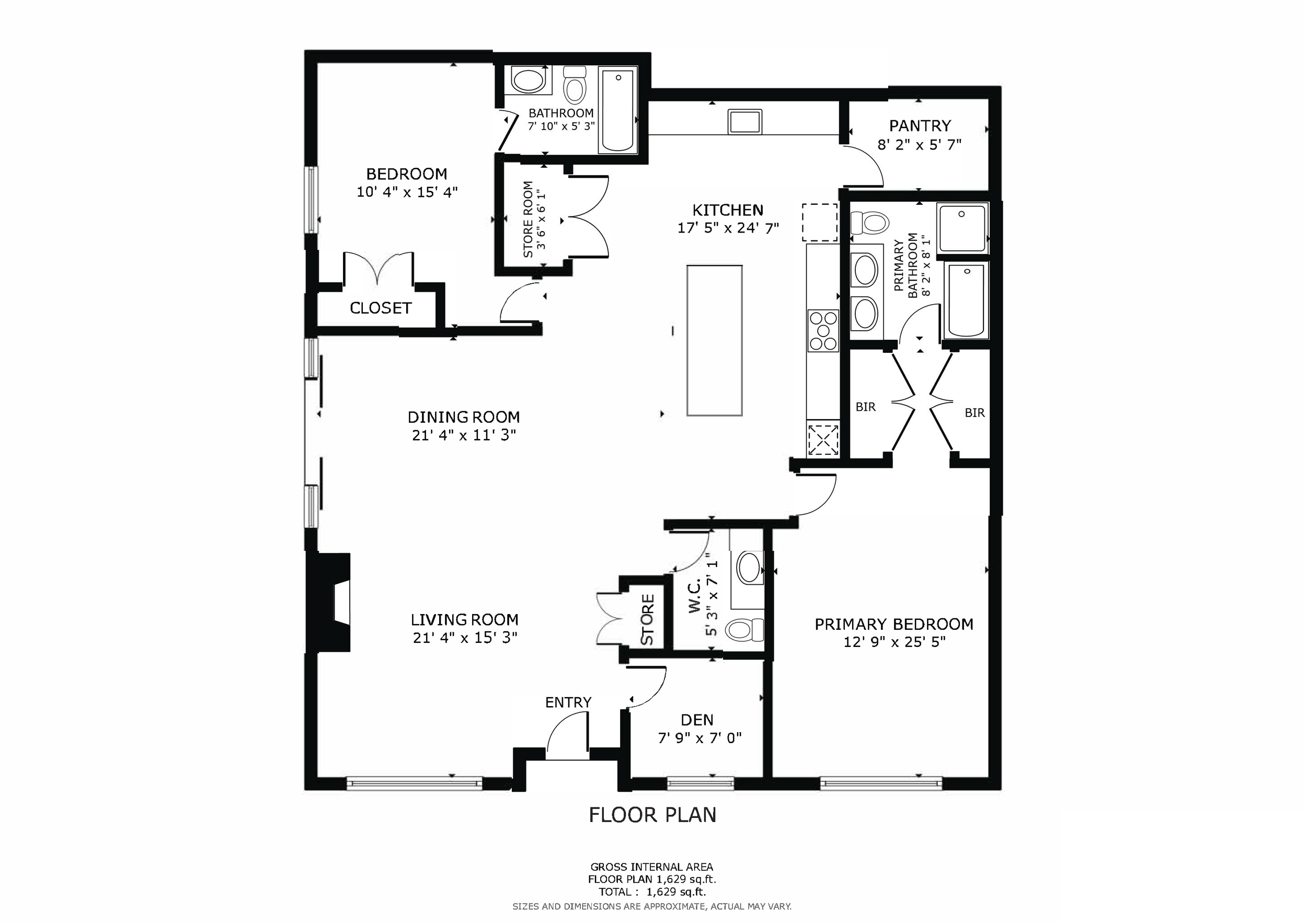 Floor plan of a single-story house showing rooms including living room, dining room, primary bedroom with master bath, additional bedroom, bathroom, kitchen with pantry, den, and entry area.