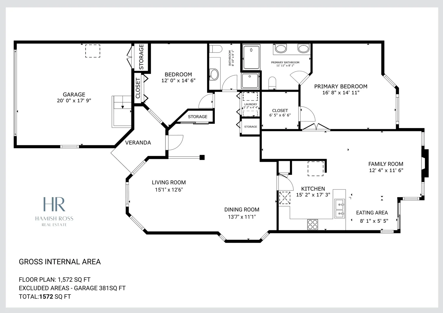 Floor plan of a house showing various rooms including a garage, living room, dining room, kitchen, eating area, primary bedroom, primary bathroom, bathroom, laundry, storage, and bedroom. Dimensions are listed for each space.