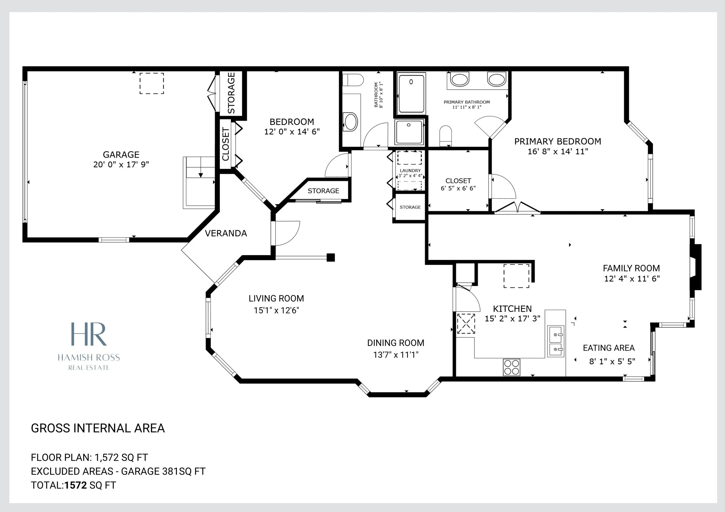 Floor plan of a house showing various rooms including a garage, living room, dining room, kitchen, eating area, primary bedroom, primary bathroom, bathroom, laundry, storage, and bedroom. Dimensions are listed for each space.