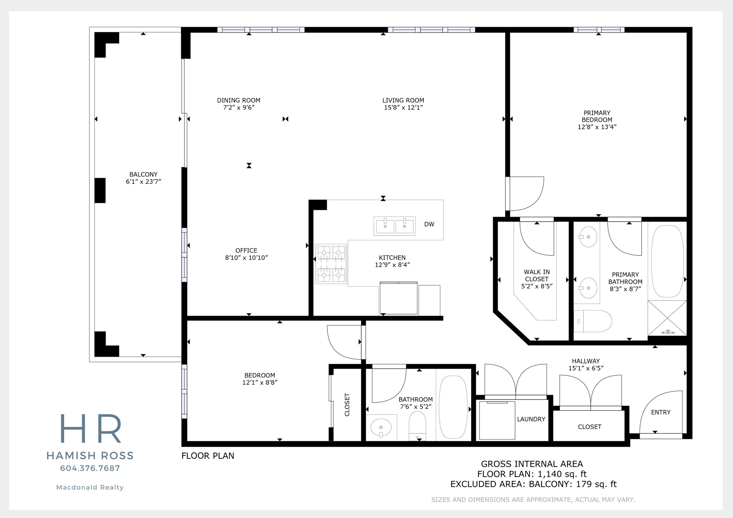Floor plan of a residential apartment showing rooms labeled as entry, hallway, laundry, bedroom, bathroom, primary bedroom, walk-in closet, primary bathroom, kitchen, office, living room, dining room, balcony, with dimensions for each area.