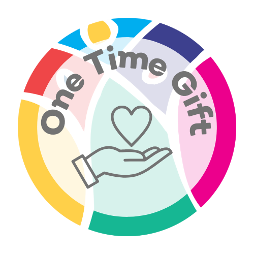 Colorful circular logo with the words 'One Time Gift' and an illustration of a hand holding a heart.