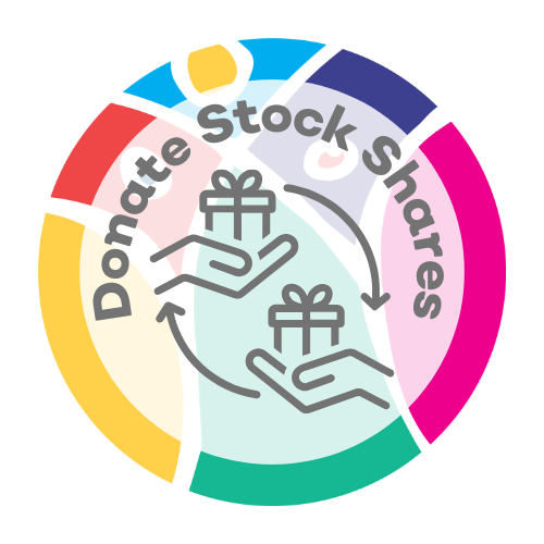 Illustration of donation process with two hands exchanging gifts, encircled by the text 'Donate Stock Shares' with colorful segments.