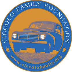 Logo of the Ciccolo Family Foundation featuring a vintage blue and yellow car within a blue circular border.
