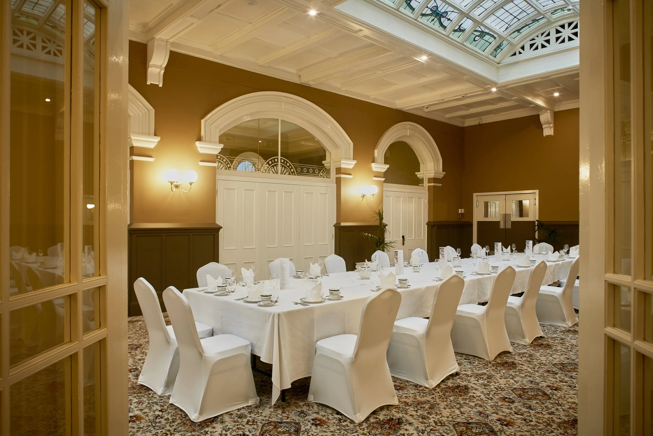 Wedding reception private dinner in the Leadlight Room at Hadley's Orient Hotel