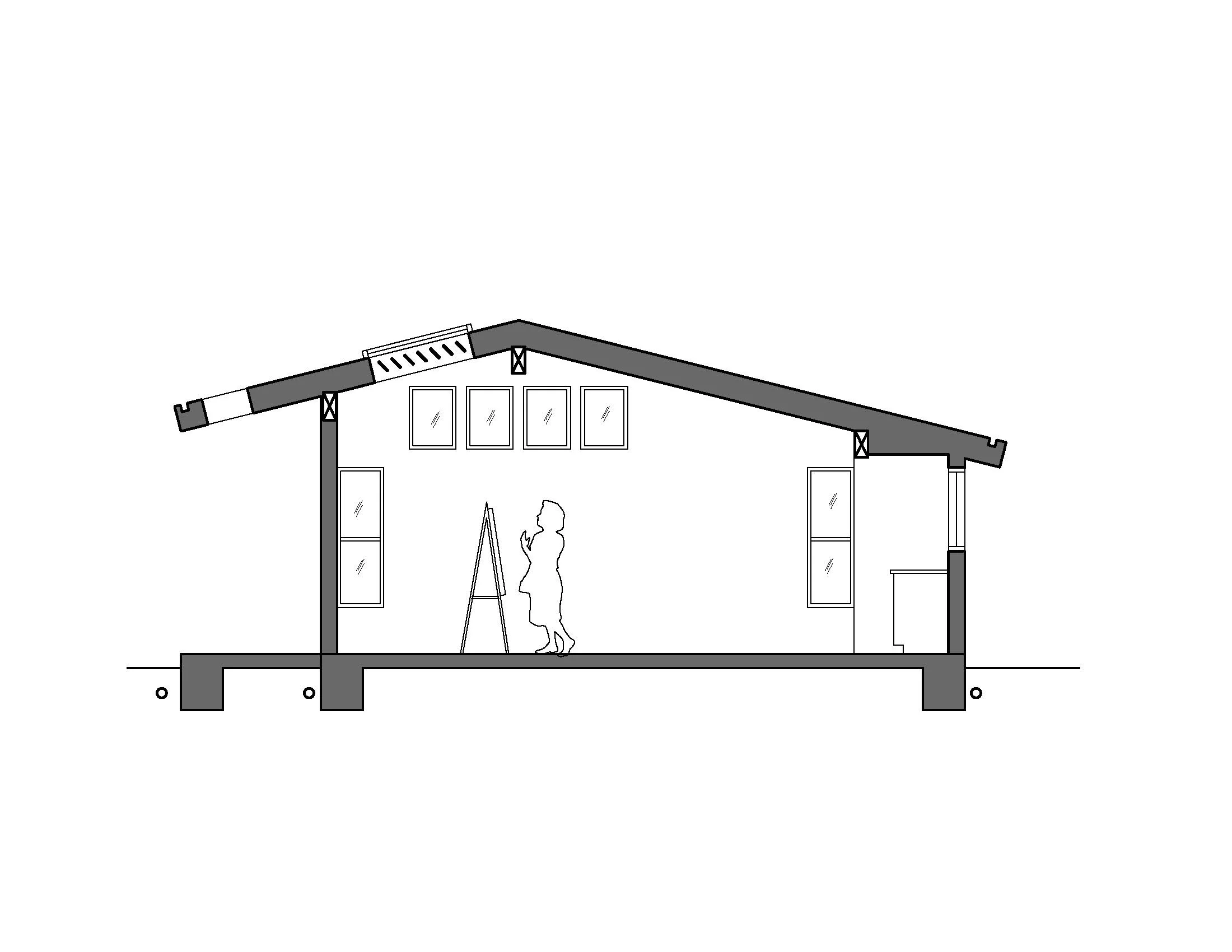 Inside, the vaulted roof peaks over the area where painting occurs and high clerestory windows bring in morning light while affording working wall space.