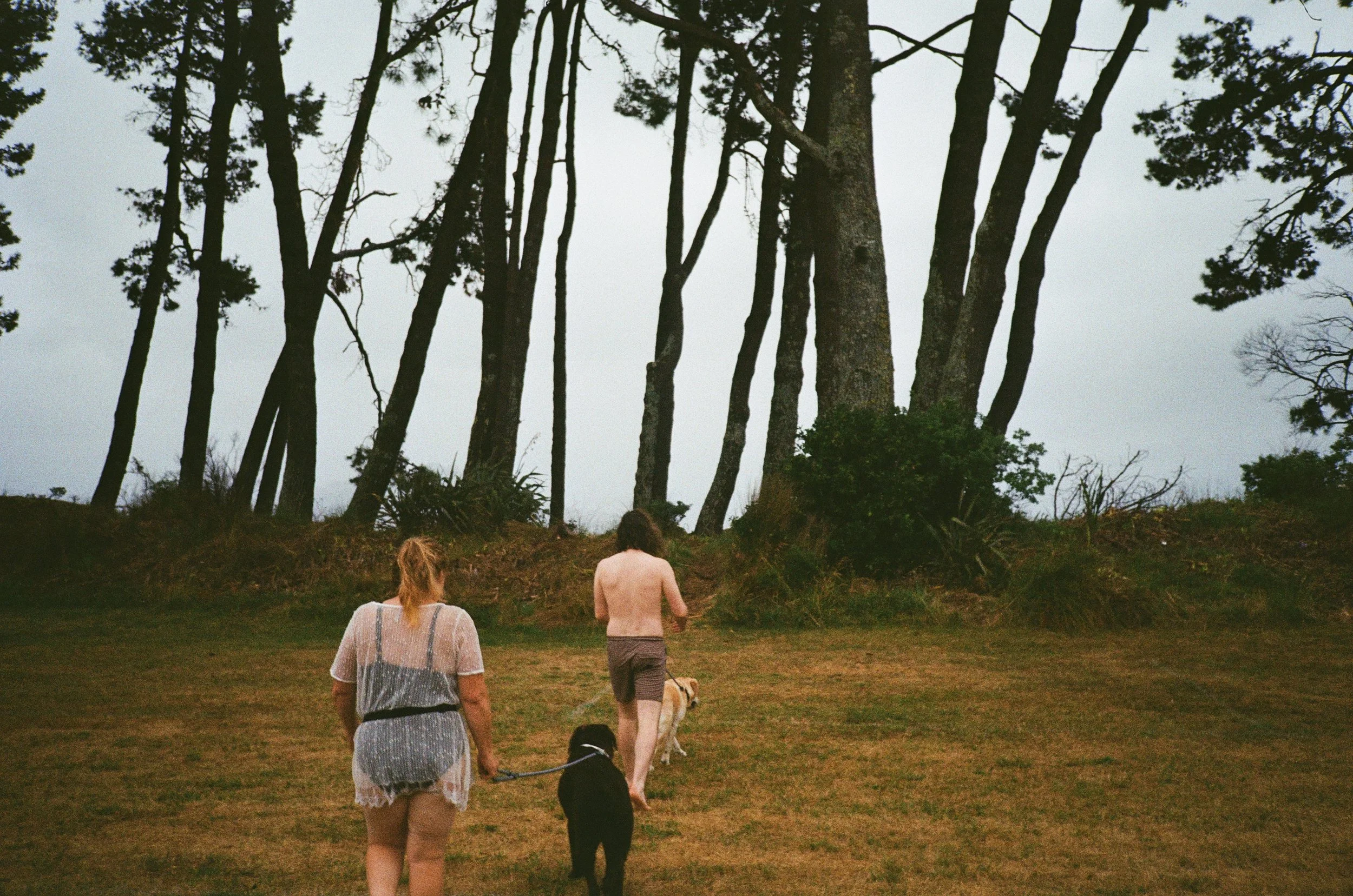 (Cooks Beach) - Our first afternoon we arrived was a rainy and cloudy one. The Kiwis decided it would be fun to go for a swim. None of the Americans except Christina got in the water. In the photo is Robbie and his mom (Rae) and their two dogs. 