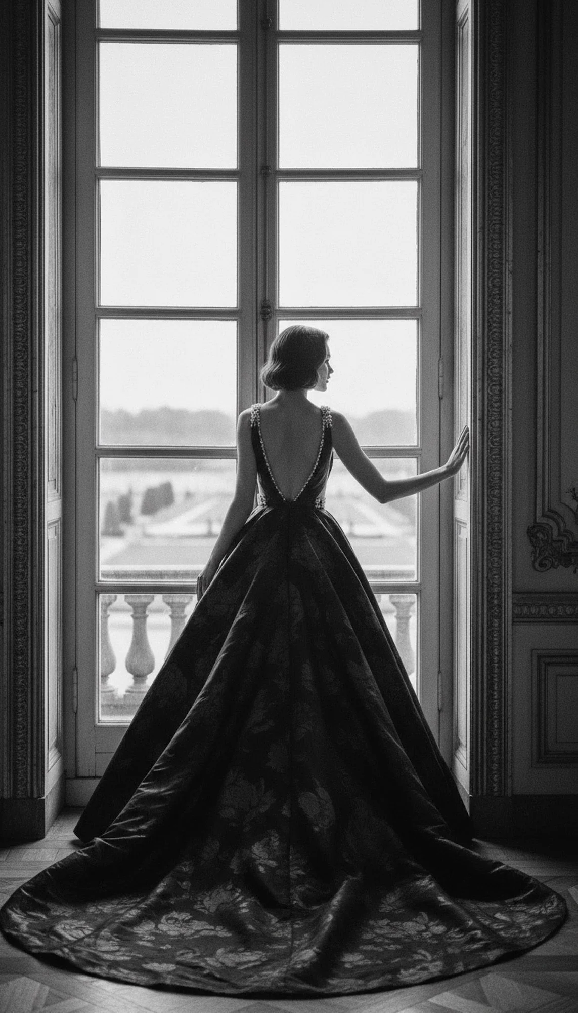 AI fashion editorial, black evening dress
