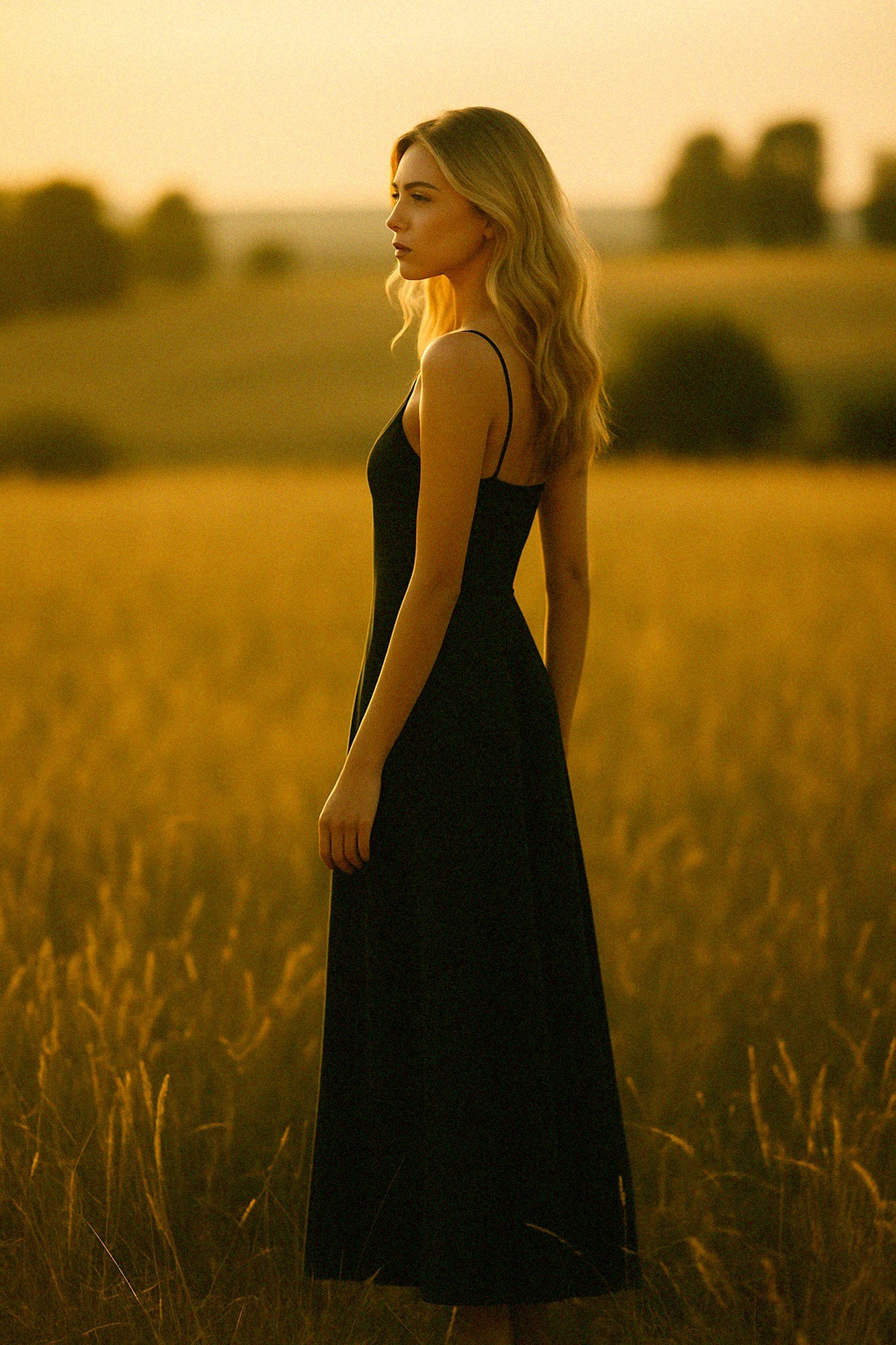 AI fashion editorial, black dress at sunset