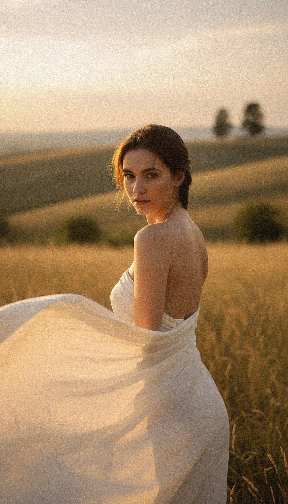 AI fashion editorial, flowing white dress