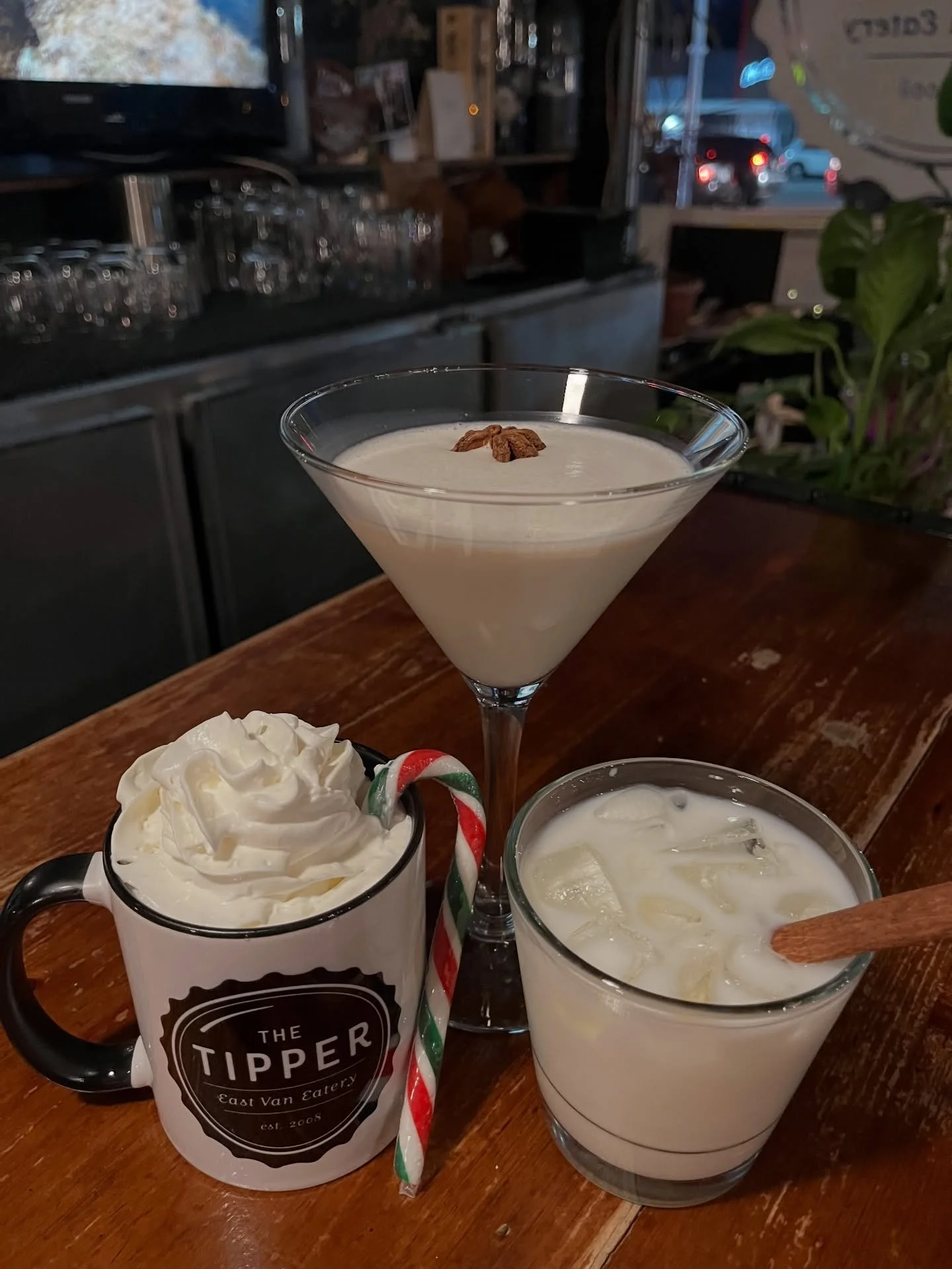 The peppermint, spice and everything nice section of our seasonal sippers: Boozy Mint Cocoa, Dirty Chai Martini, and a classic Spiced Rum and Eggnog.
