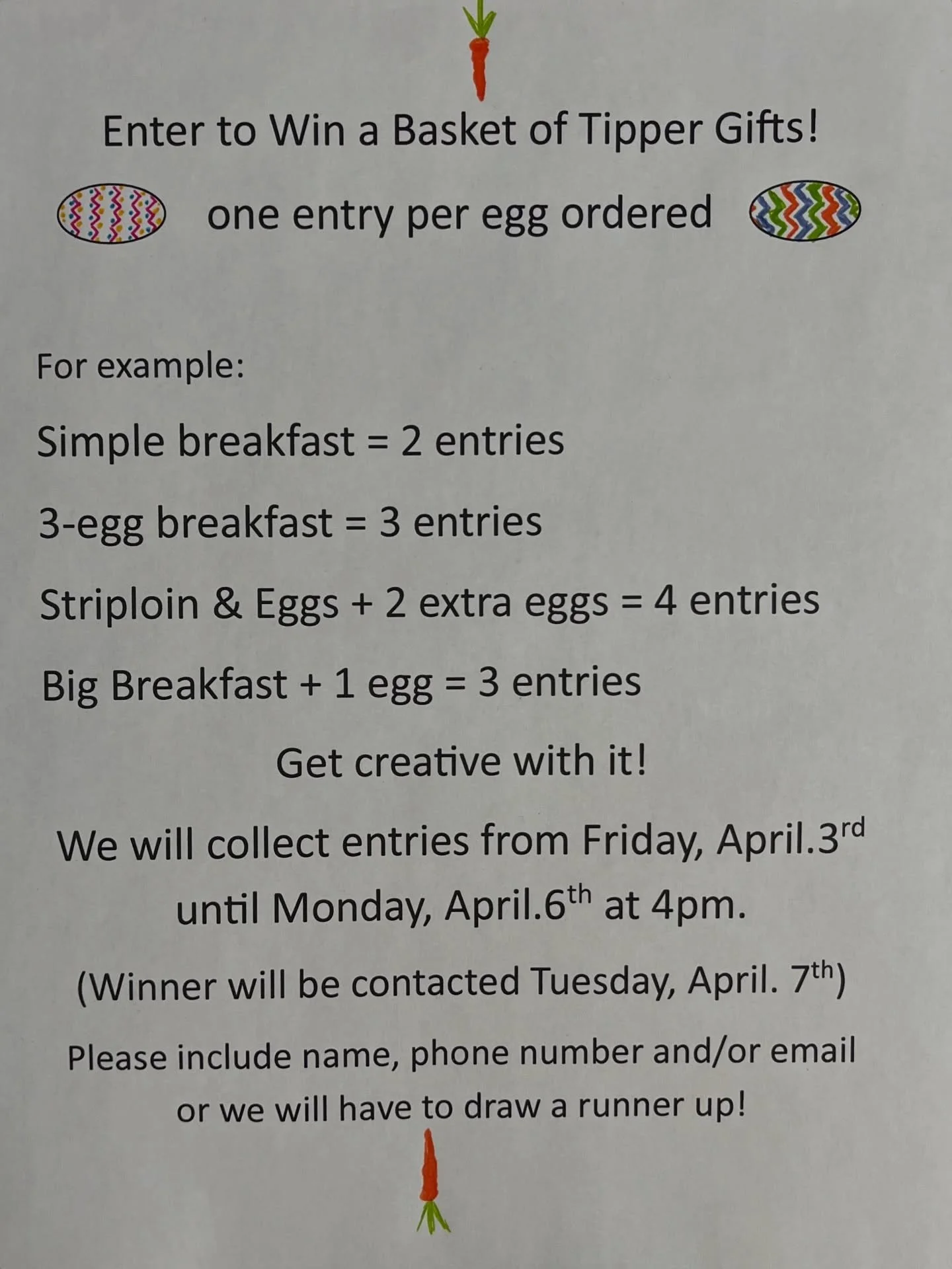 This Easter we have decided to give away a basket of Tipper merch and goodies worth ~$75!! All you have to do is&hellip;well&hellip;eat eggs! 1 entry per egg ordered. 
Regular hours on Friday, April. 3rd: 9am-8pm. 
Saturday-Monday, April. 6th: 9am - 