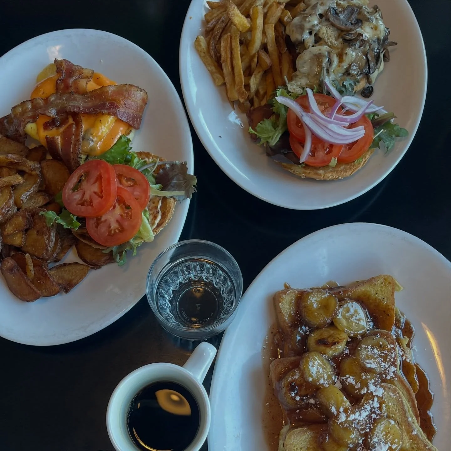 A little bit of everything, so your friend can have Banana Cinnamon French Toast while you eat a Mushroom Swiss Beef Burger. 

Breakfast menu EVERYday: 9am -4pm
Lunch/Dinner menu WEEKdays: 9am -8pm 
Eggs Benedict menu weekENDS: 10am - sold out
