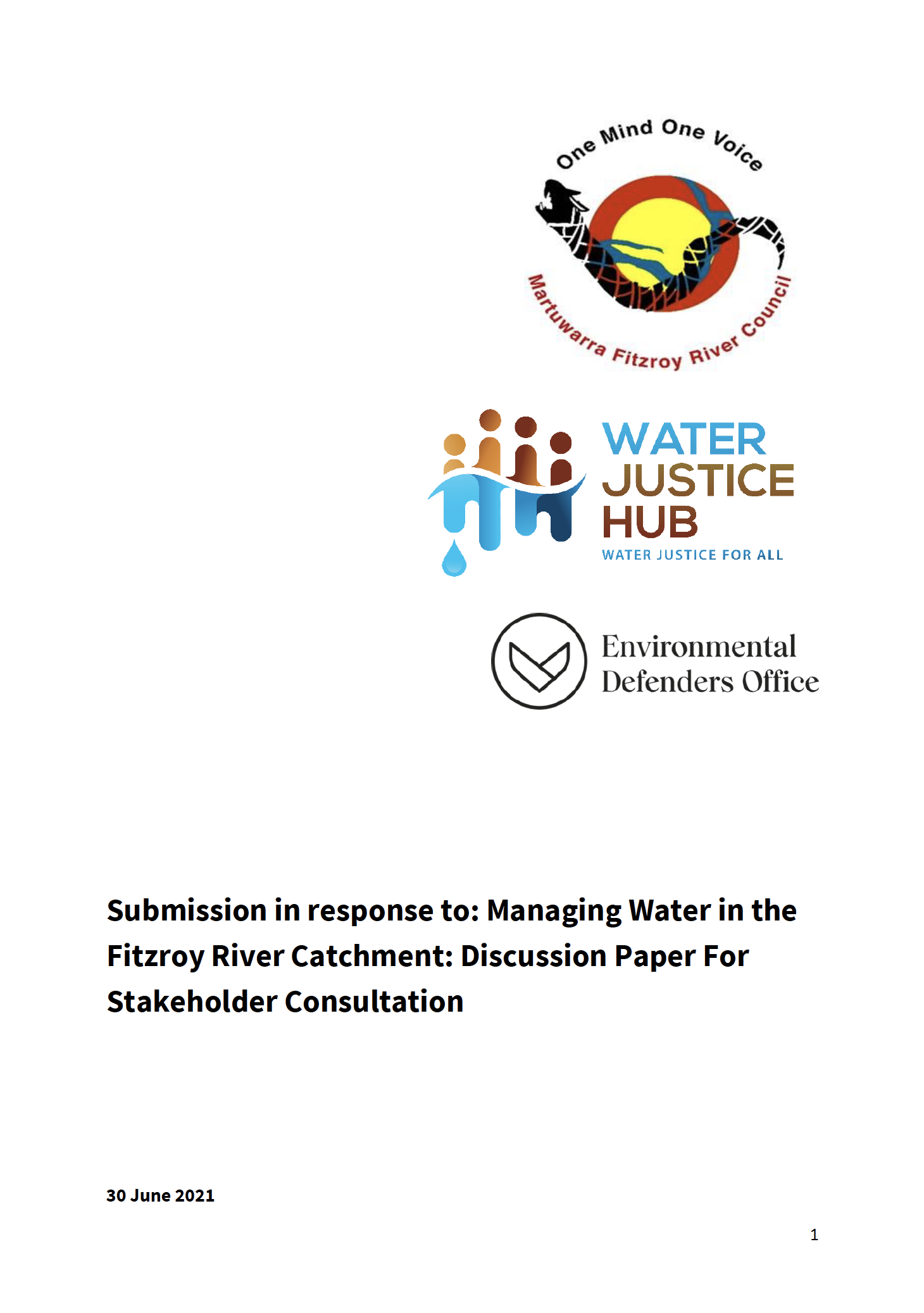 Download the PDF here - Martuwarra Fitzroy River Council has partnered with the Environmental Defenders Office and the ANU Water Justice Hub. Read our submission to the WA Government in response to the Managing Water in the Fitzroy River Catchment: Discussion Paper for Stakeholder Consultation.Citation RiverOfLife, M., Poelina, A., Butterly, L., Carmody, E., Perdrisat, M., Taylor, K., Manero, A., Grafton, Q., Williams, J. (2021) Submission in response to: Managing Water in the Fitzroy River Catchment: Discussion Paper For Stakeholder Consultation. DOI: 10.6084/m9.figshare.15088404