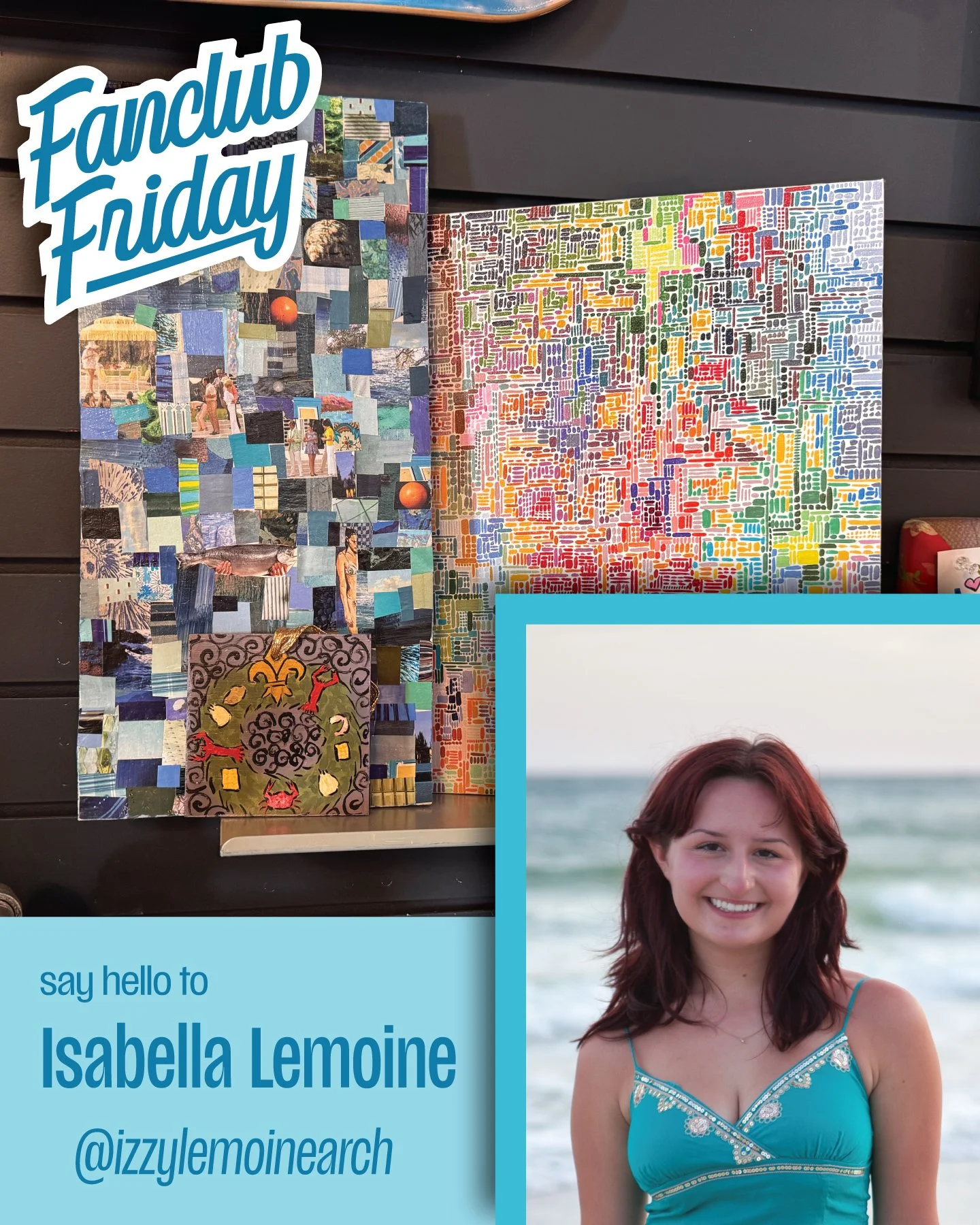 LET'S GIVE IT UP FOR ISABELLA!!! 👏 🩵

We've just got some new art by @izzylemoinearch, and we're obsessed! Isabella is a student at Louisiana Tech, studying architecture. Isabella creates beautiful collages and paintings on canvas boards as well as