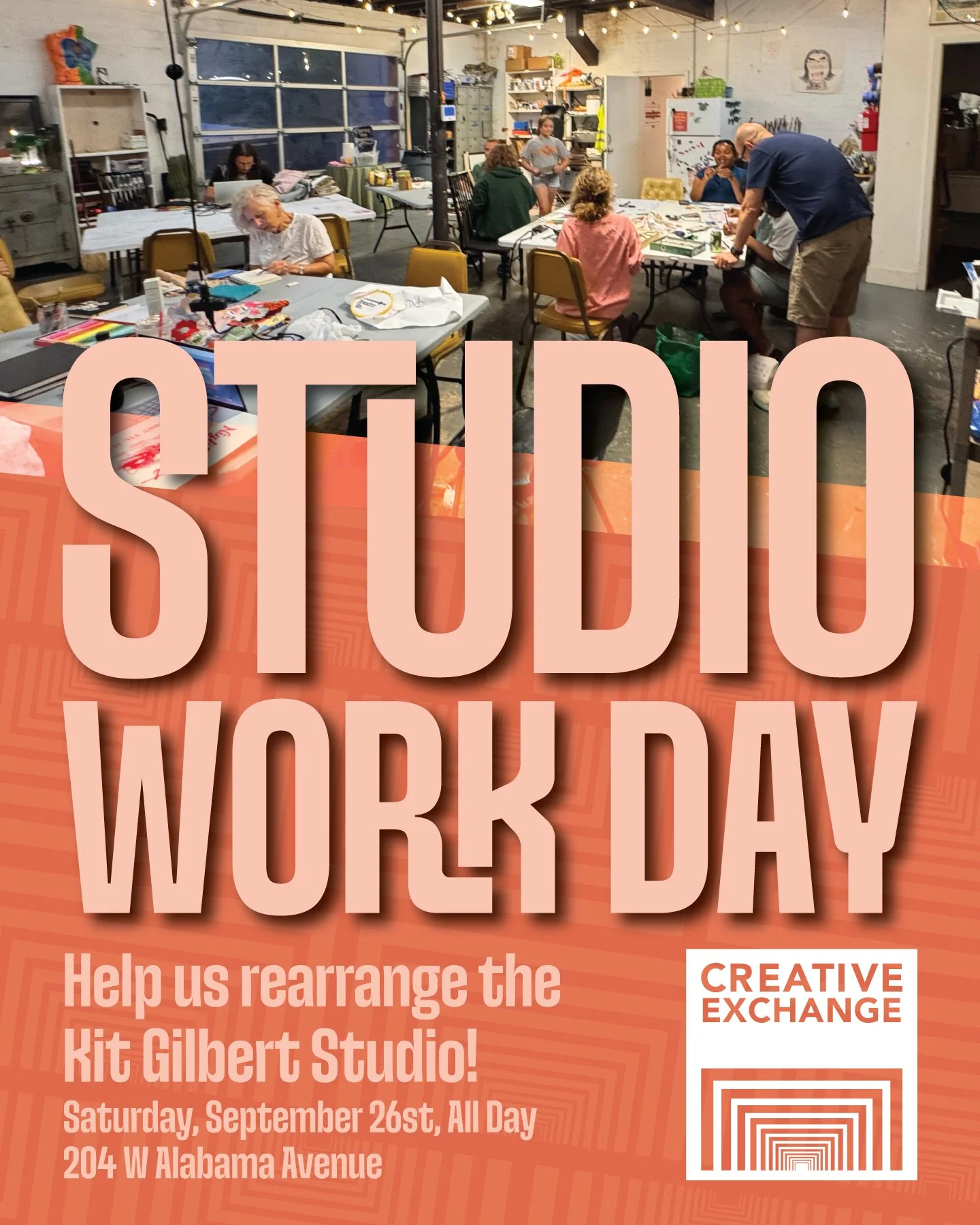 Join us for a Studio Work Day on Saturday, September 26, as we rearrange the Kit Gilbert Studio!!! 

Creative Meetups keep getting bigger and bigger, so we are hoping to reorder our space to make it more user-friendly for everyone! At the studio work