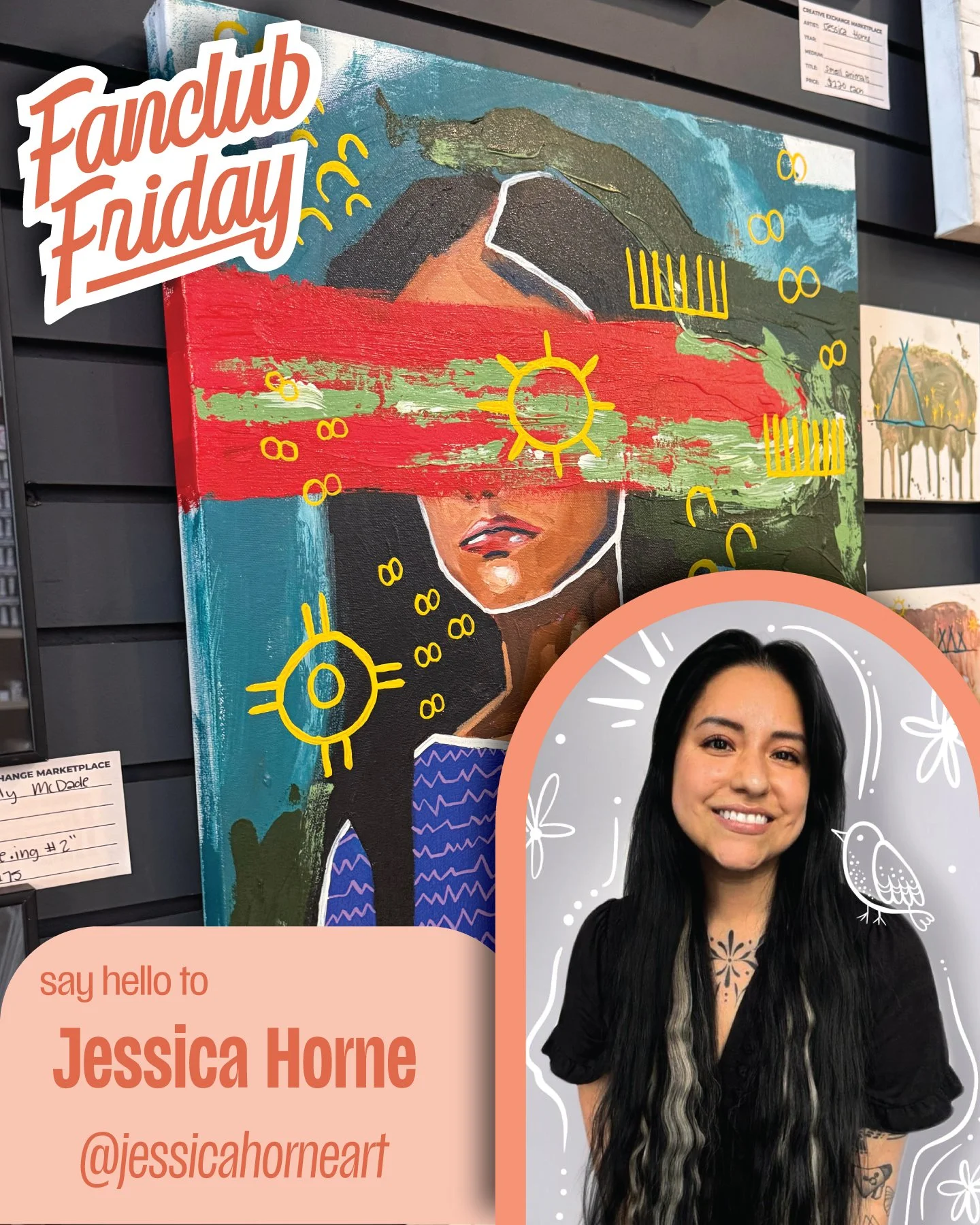 IT'S TIME FOR OUR NEXT FANCLUB FRIDAY, AND WE'RE EXCITED TO INTRODUCE JESSICA HORNE!!! 🧡🖌

@jessicahorneart is a local artist based in Ruston! Jessica is an Indigenous artist of the Ponca and Northern Arapaho tribes. Her work illustrates Native Ame