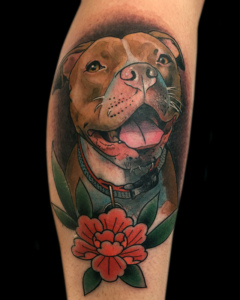Traditional Pitbull pup tattoo in true greys by Sara Eve TattooNOW