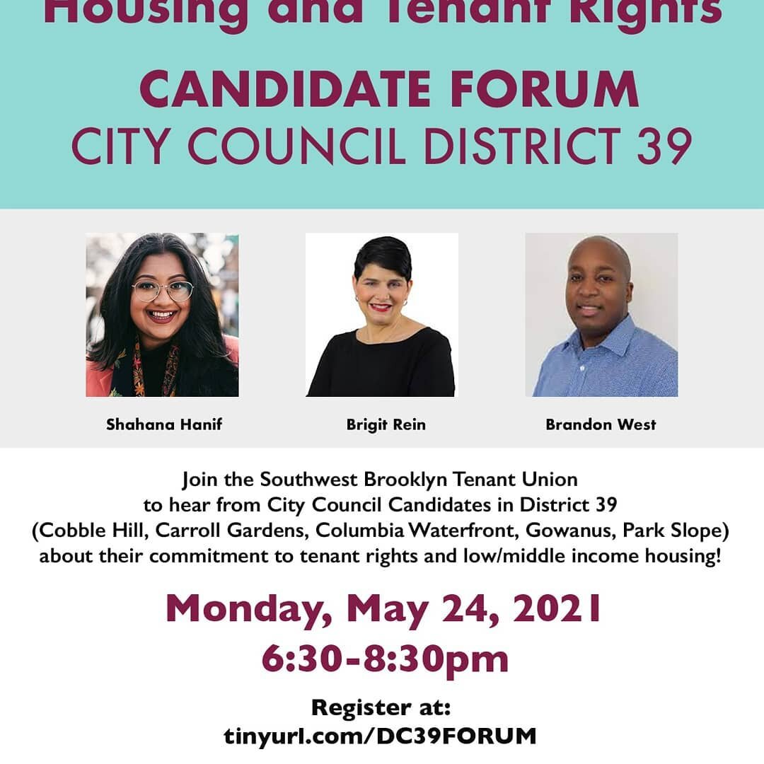 Southwest Brooklyn Tenant Union is having a candidate forum! Come hear city council candidates talk about tenant rights and housing!