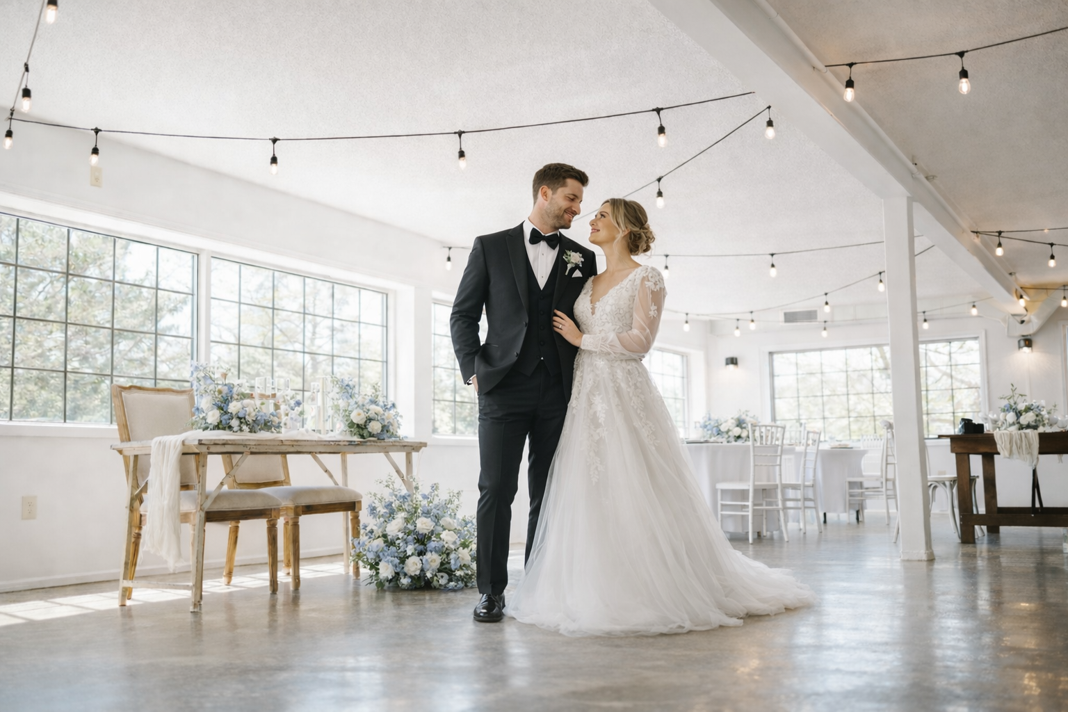 Bride and groom smiling at each other during wedding reception in well-lit room with string lights, floral decorations, and large windows.