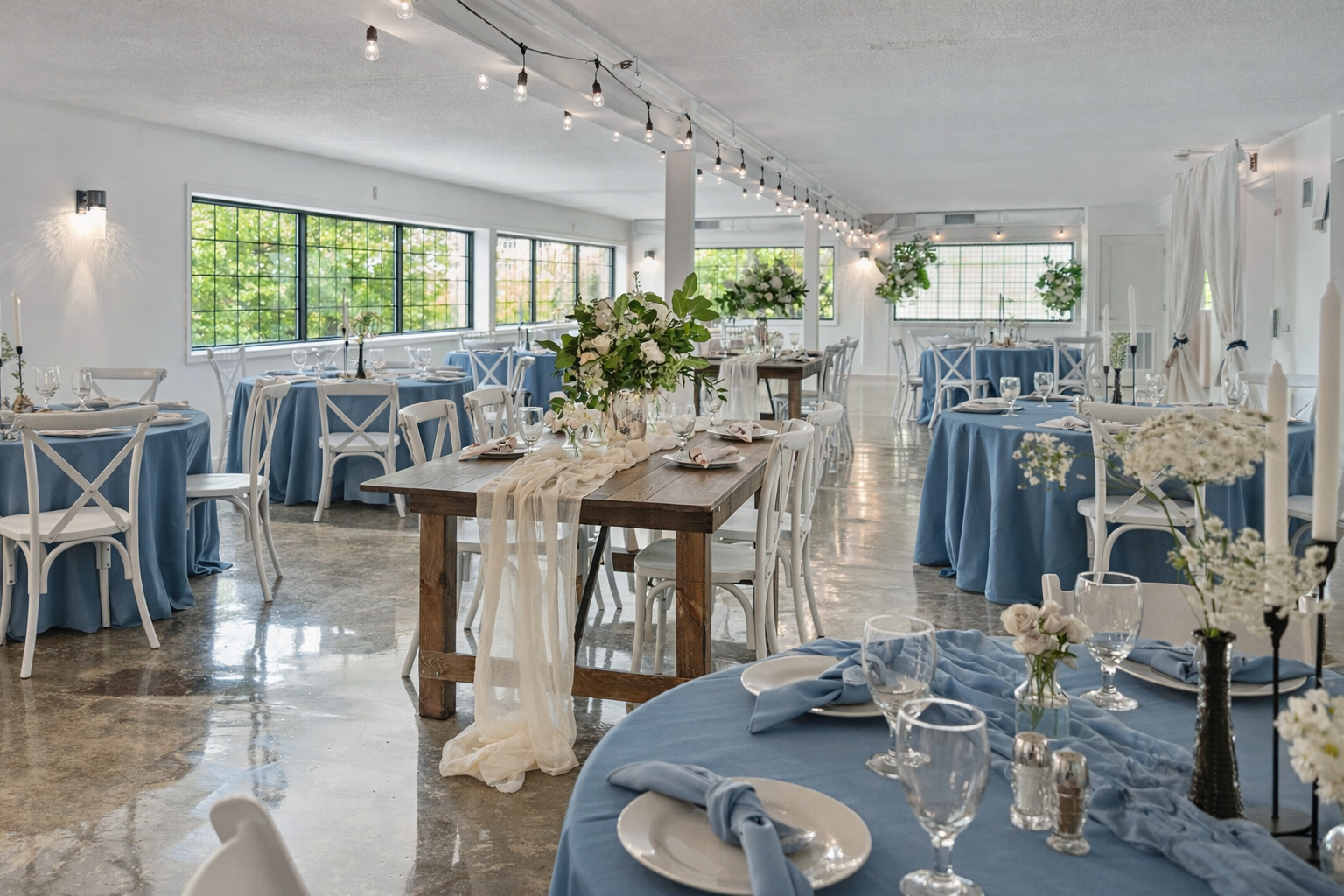 Elegant banquet hall decorated for a wedding or celebration with round tables covered in blue tablecloths, white chairs, floral centerpieces, and white curtains, illuminated by string lights.