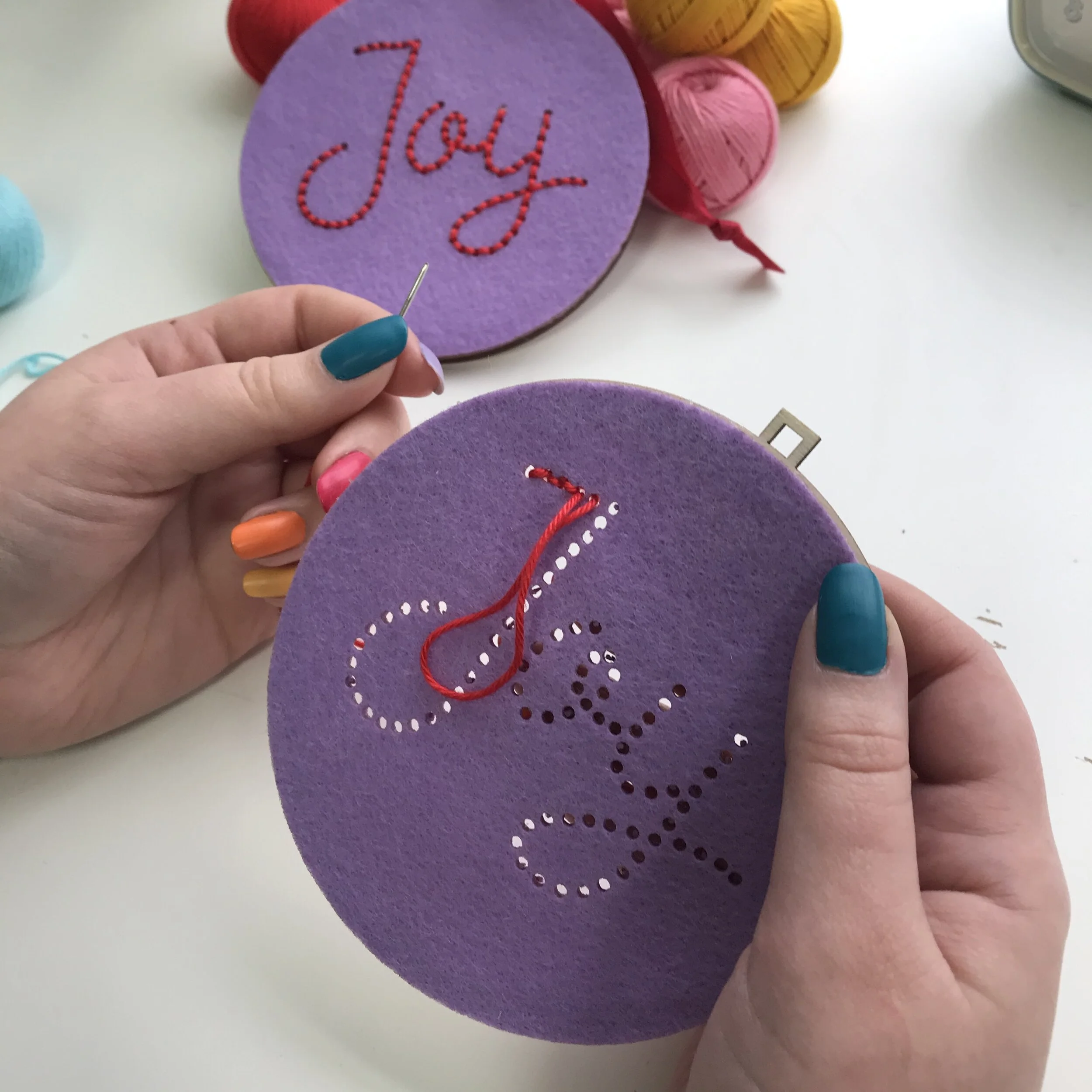 joy bauble kit being stitched.JPG