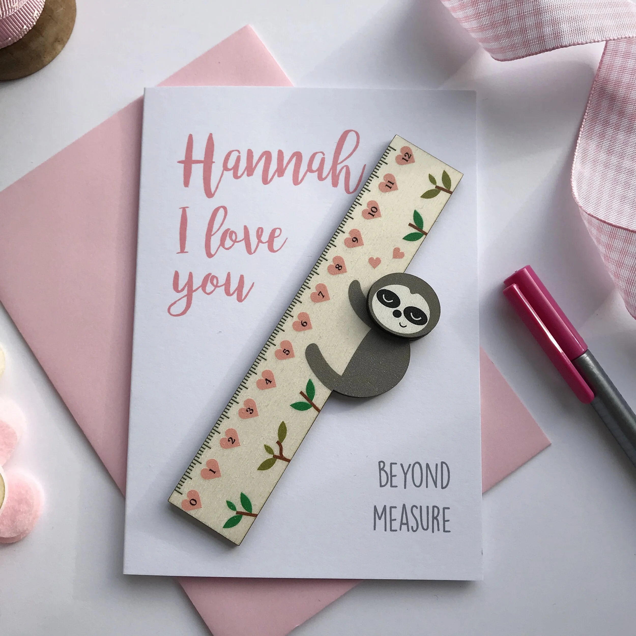 Personalised Valentine's card and cute sloth ruler