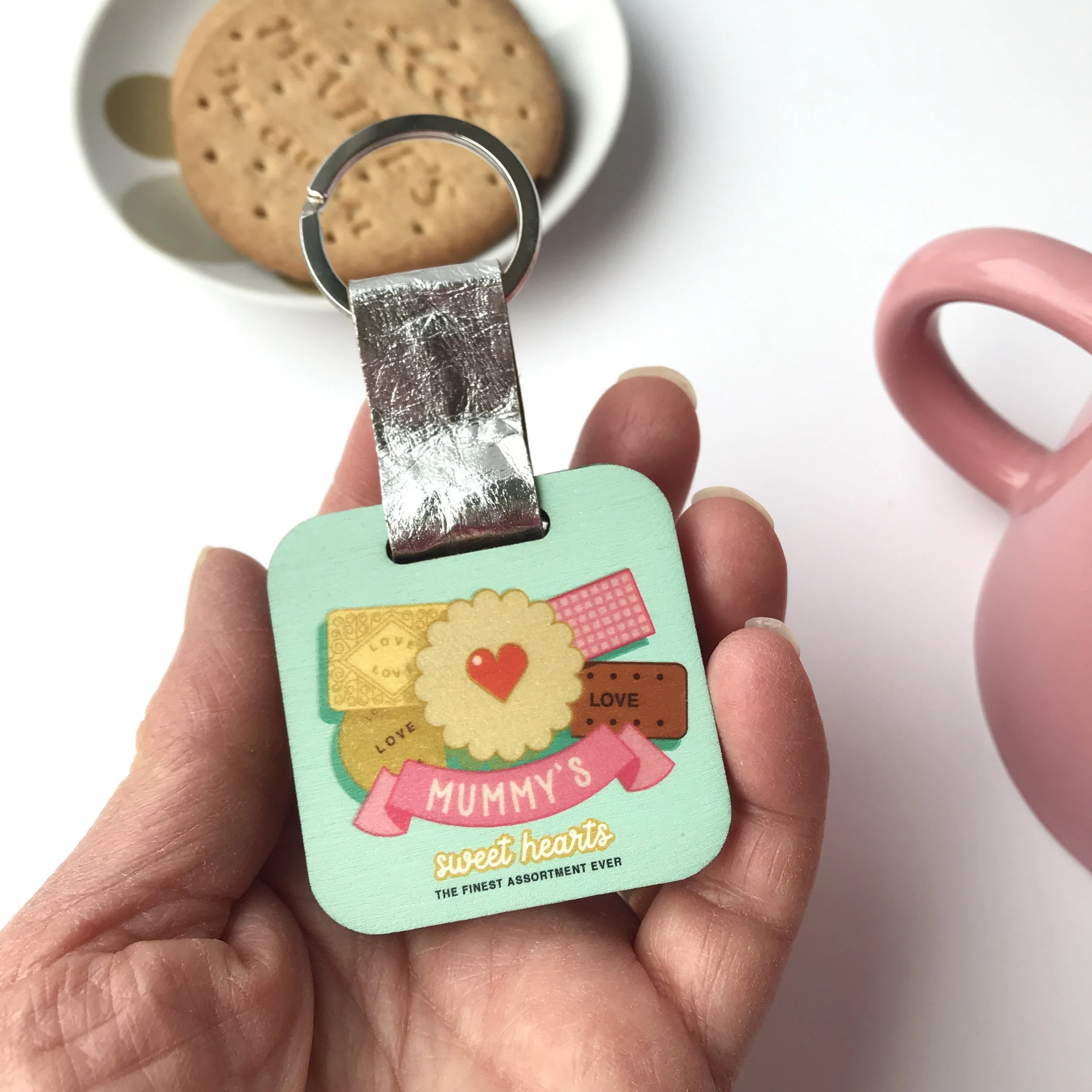 Personalised Mother's Day Wooden Keyring, Vintage Biscuit Tin