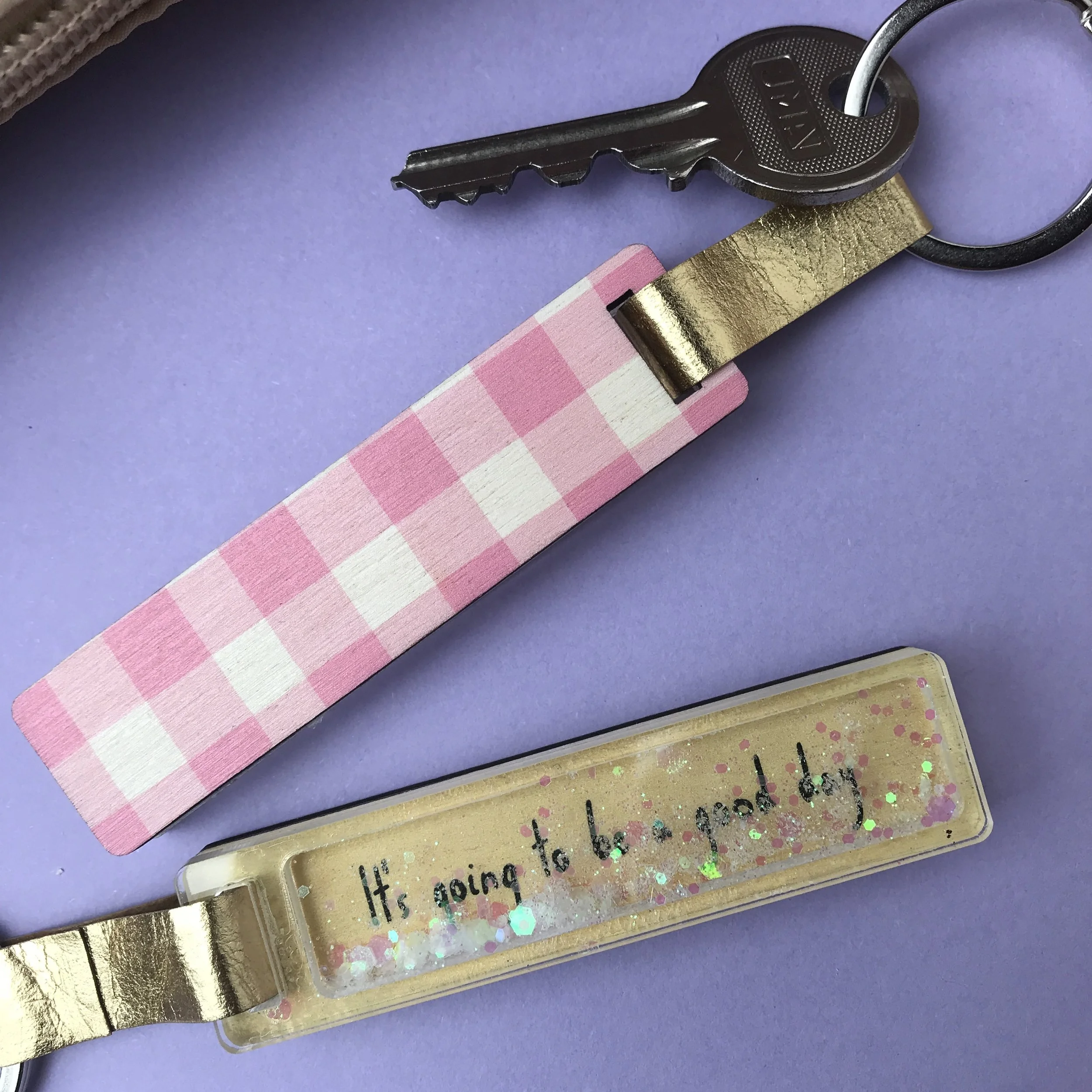 pink gingham glitter stick keyring front and back message.JPG