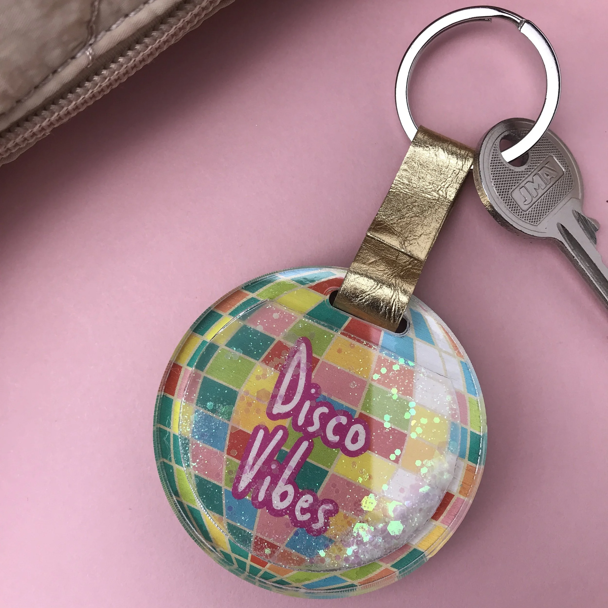 Rainbow disco ball glitter keyring with message Disco Vibes.JPG