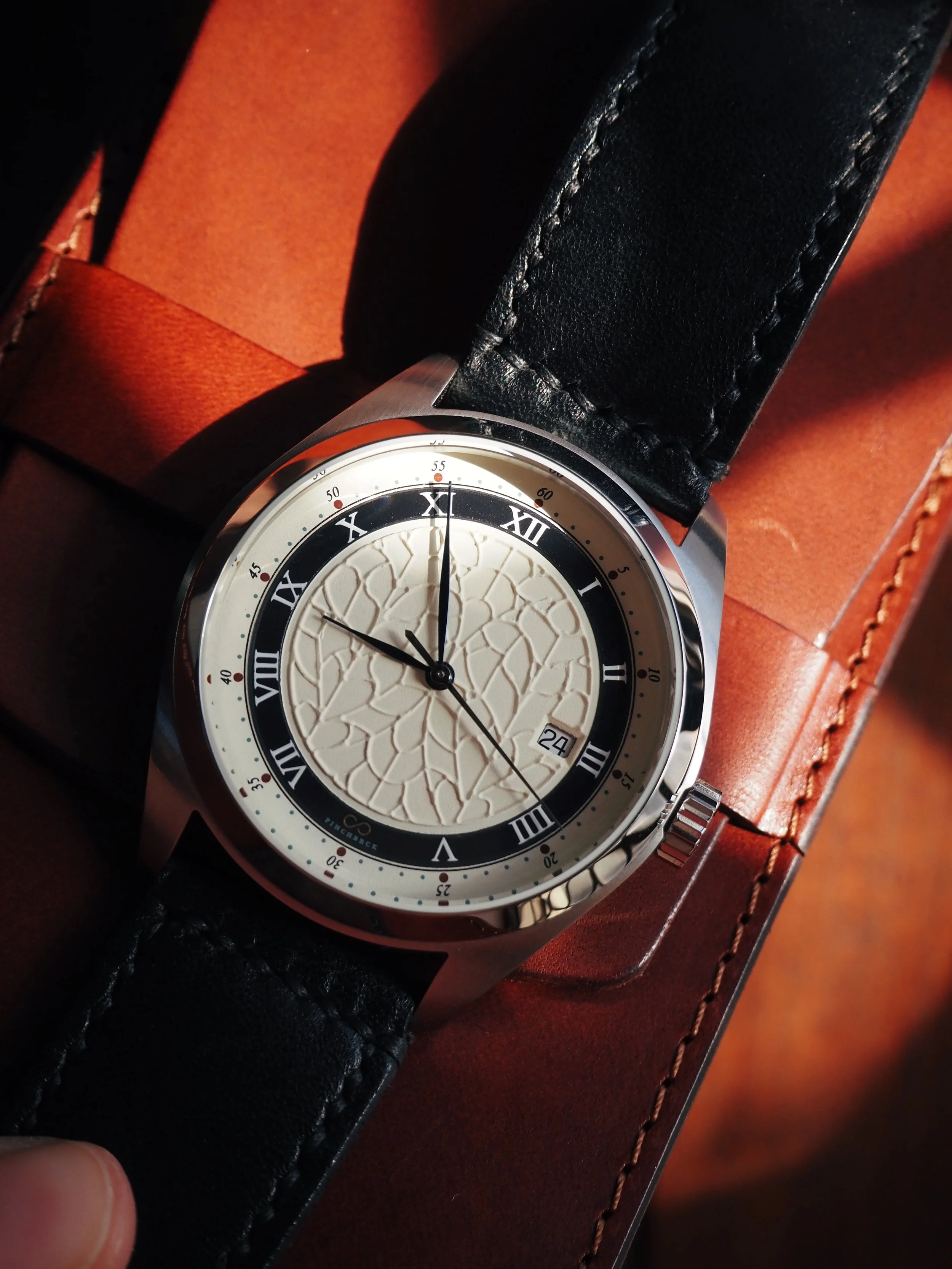Luxury wristwatch with a dark brown leather strap and a silver case. The watch face features Roman numerals, a blue outer ring, ornate patterning, and two hands. The date display shows "31."