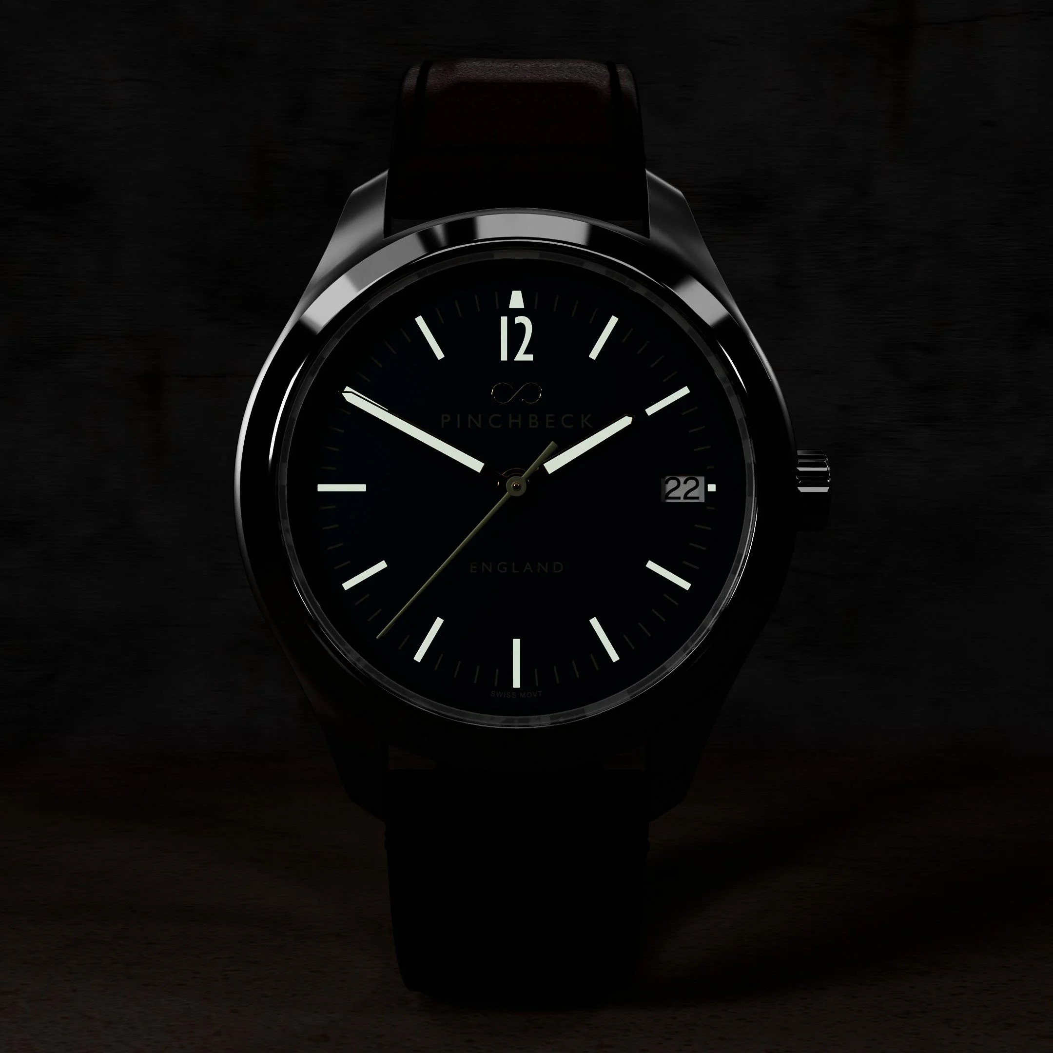 A Harold Pinchbeck Sigma wristwatch, white hour markers, and luminous hands, showing the time as 2:55, with a date display at 3 o'clock and a black strap.