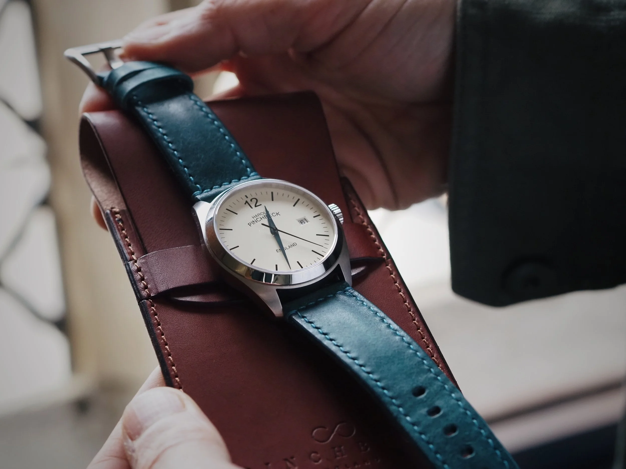 Pinchbeck British Watchmaker teal leather strap 3.JPG