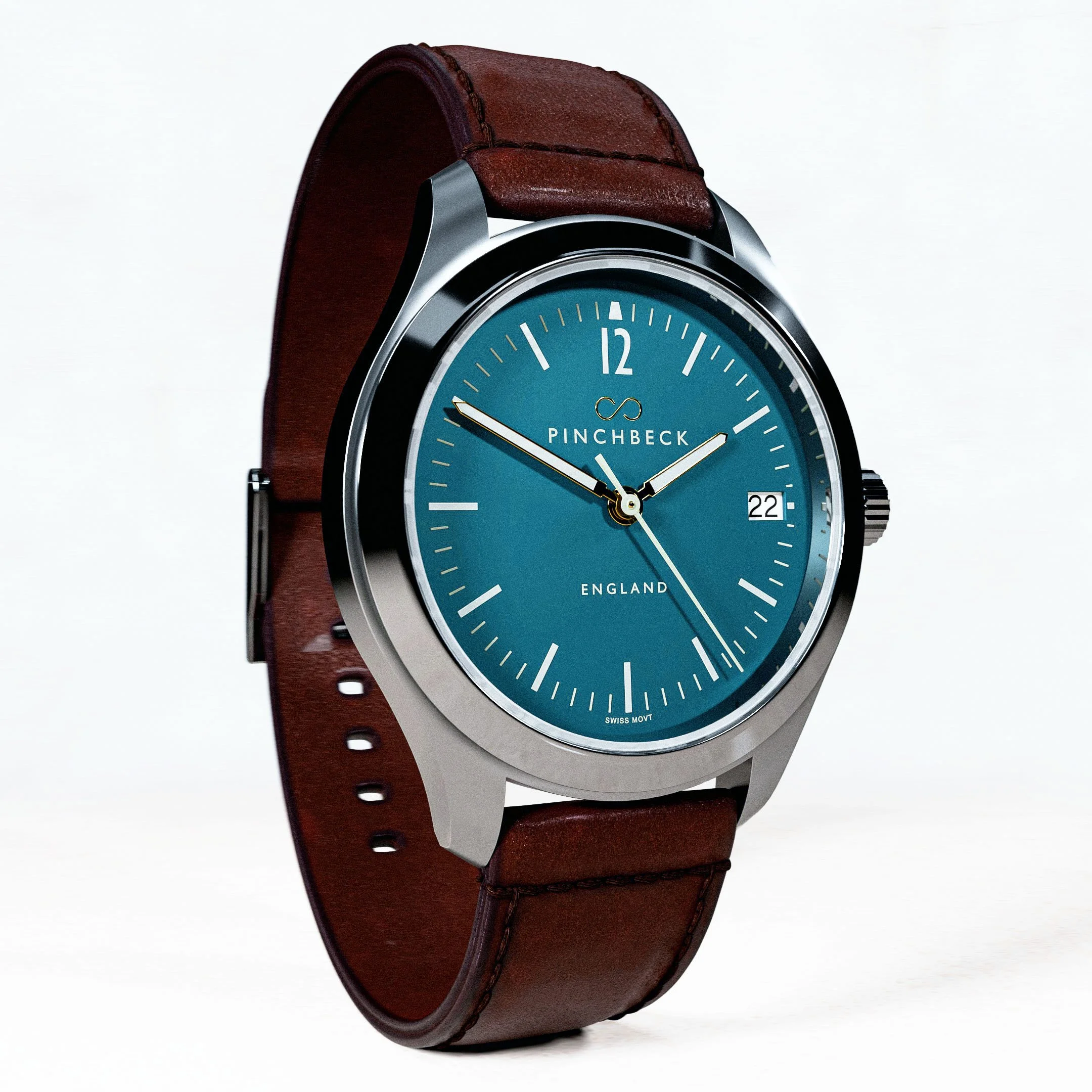 A Harold Pinchbeck Sigma wristwatch with a teal face, stainless steel  case, brown leather strap, and black bezel. The watch displays the time, date, and has the brand name "Pinchbeck" and text "England".