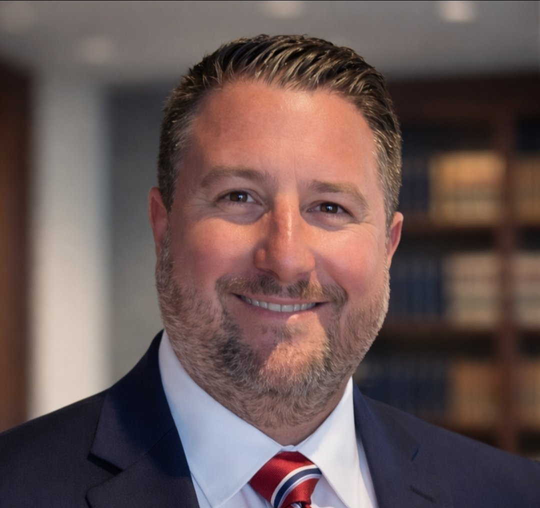 A man with short, dark hair and a beard, smiling in a professional setting, wearing a navy suit, white shirt, and a red, white, and blue striped tie, with a background of bookshelves.