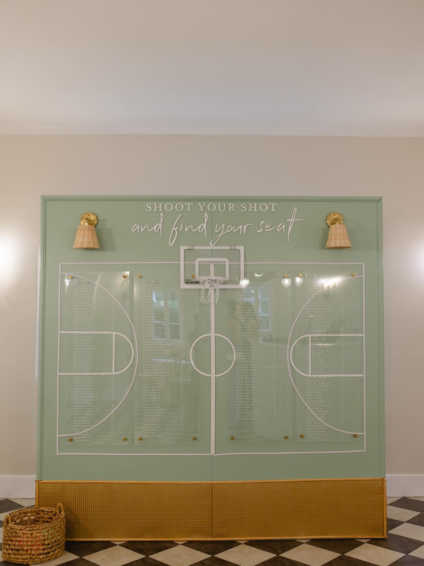 Wedding day or game day?! You be the judge! The escort wall is the perfect way to incorporate fun personal details into your event, while still staying with the overall style and design.  #basketballescortwall #escortwall #customweddingrentals #baske
