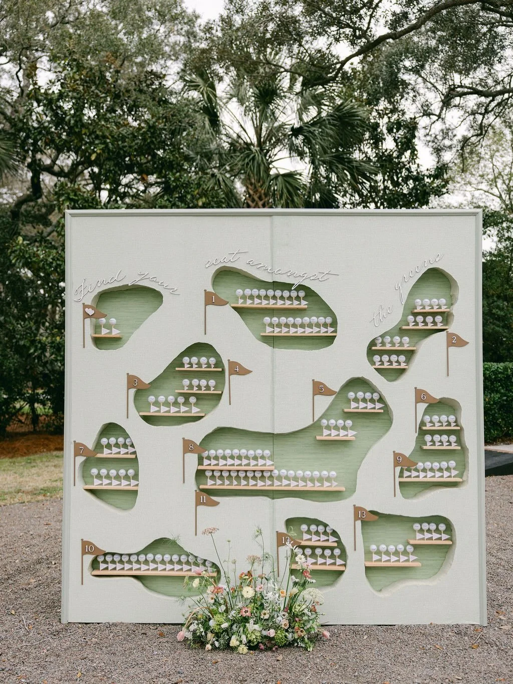 We&rsquo;ve created a lot of fun golf themed escort walls over the years, but Brittany and Austin&rsquo;s interactive 3-D wall complete with personalized golf balls, flags, and greens is a new favorite! ⛳️⛳️⛳️

#weddingescortwall #golfinspiredseating
