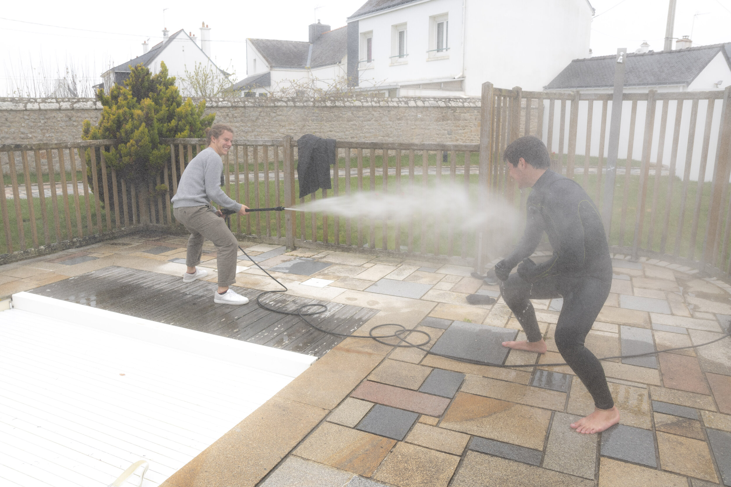 Annual terrace and pool cleaning with a high pressure cleaner.