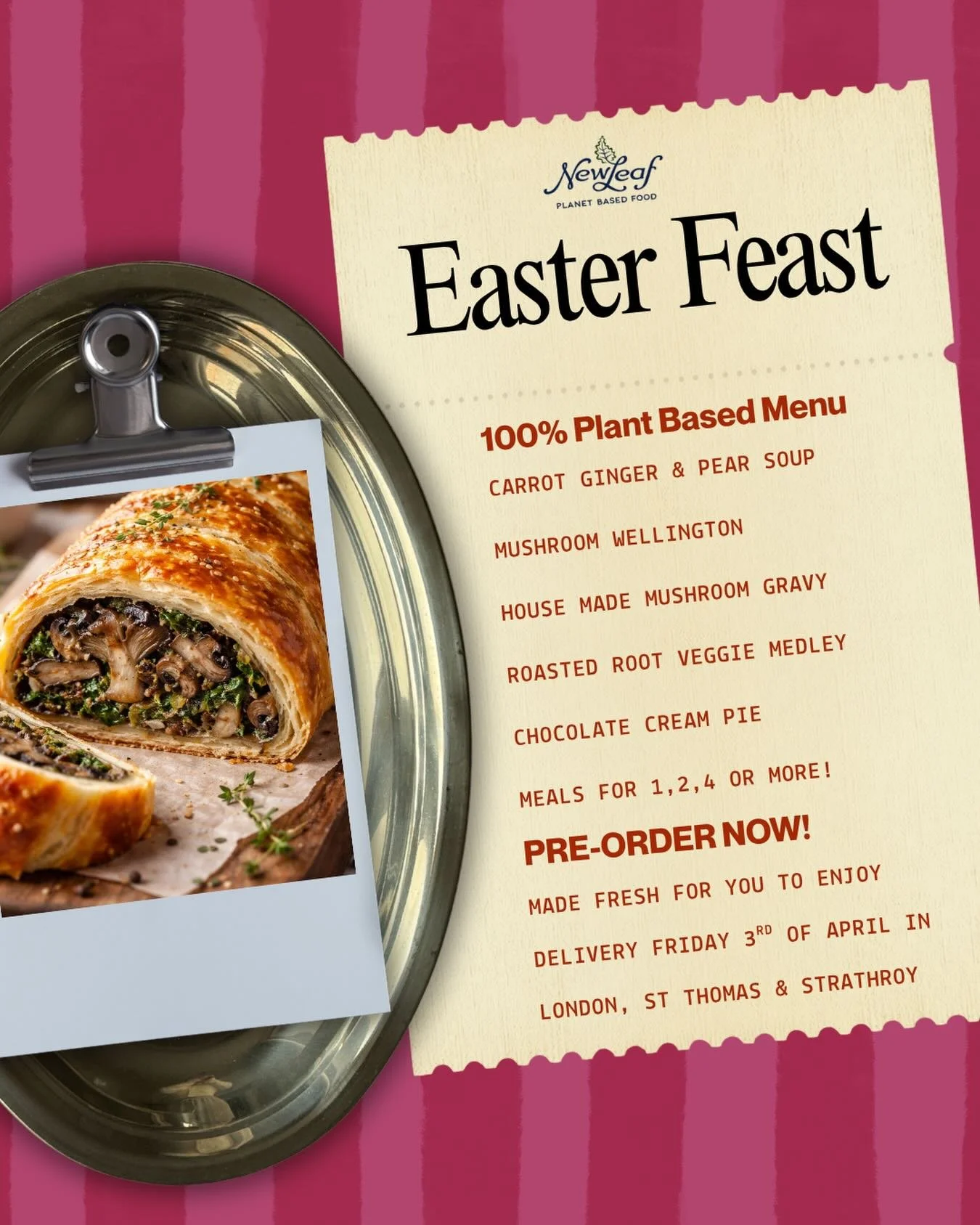 NOW OPEN! 
We are accepting pre orders for Easter Dinner! 

All plant based &amp; Ready to Enjoy at Home

Celebrate Easter with a comforting plant-based feast made from scratch.

Our special Easter pre-order includes:

🥕 Carrot, Ginger &amp; Pear So