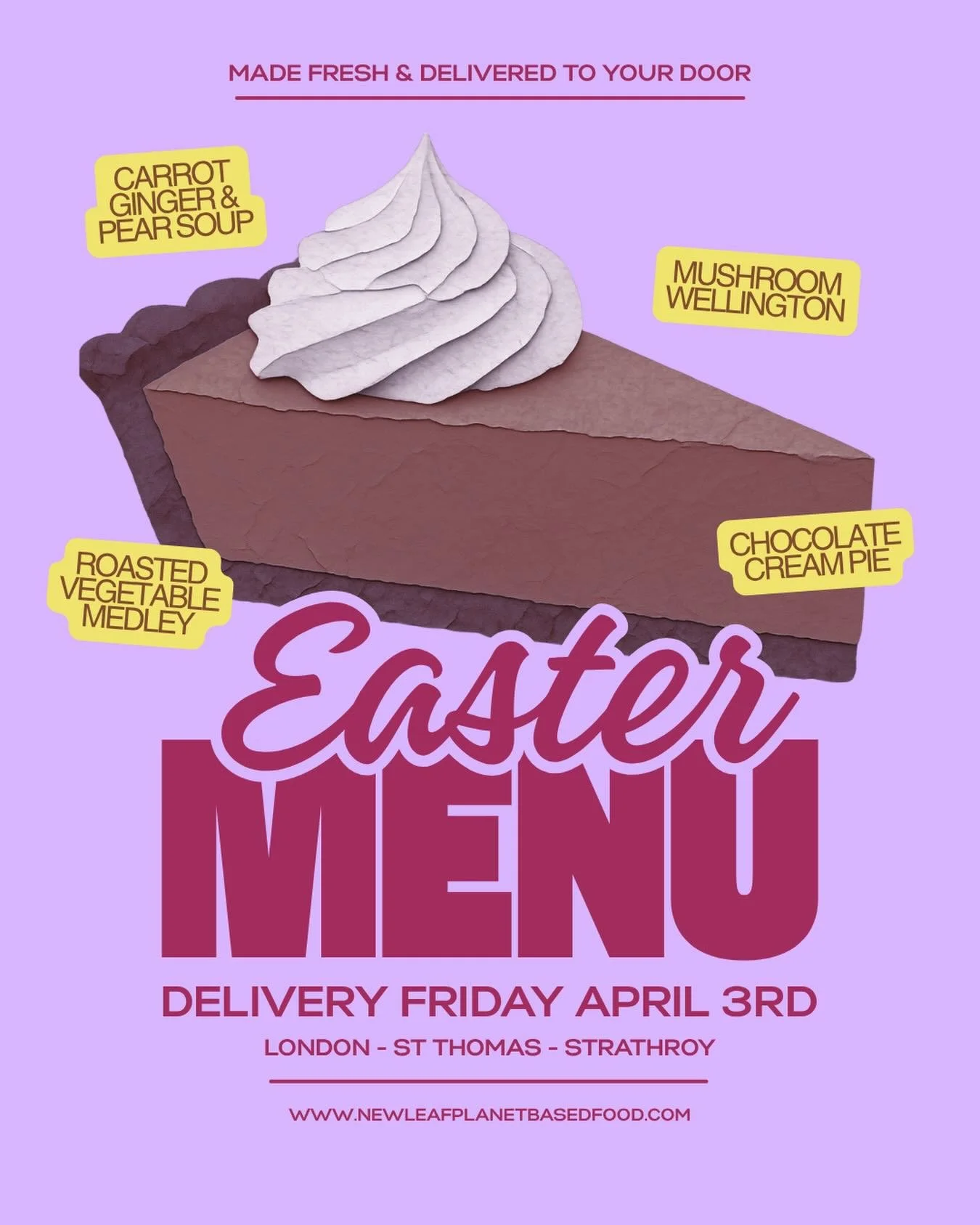 Celebrate Easter with a comforting plant-based feast made from scratch.

Our special Easter pre-order includes:

🥕 Carrot, Ginger &amp; Pear Soup 
🥐 Mushroom Wellington with local blue oyster &amp; cremini mushrooms
🍄 House-made mushroom gravy
🥕 