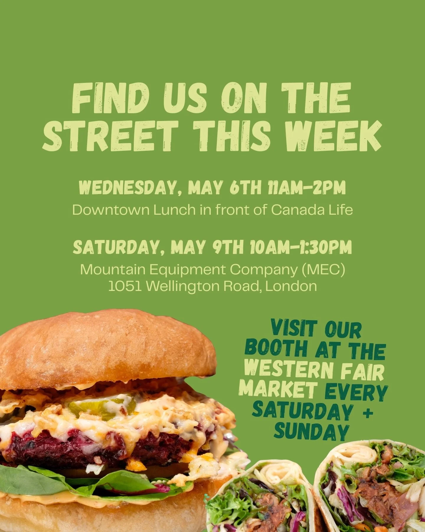 Your midweek lunch plans 🤝 your weekend reset

Find us downtown Wednesday, then at MEC on Saturday&mdash;plus our usual spot at the Western Fair Market all weekend long.

Come hungry.

#londonontario #veganlondon #foodtrucklife #plantbasedeats #west